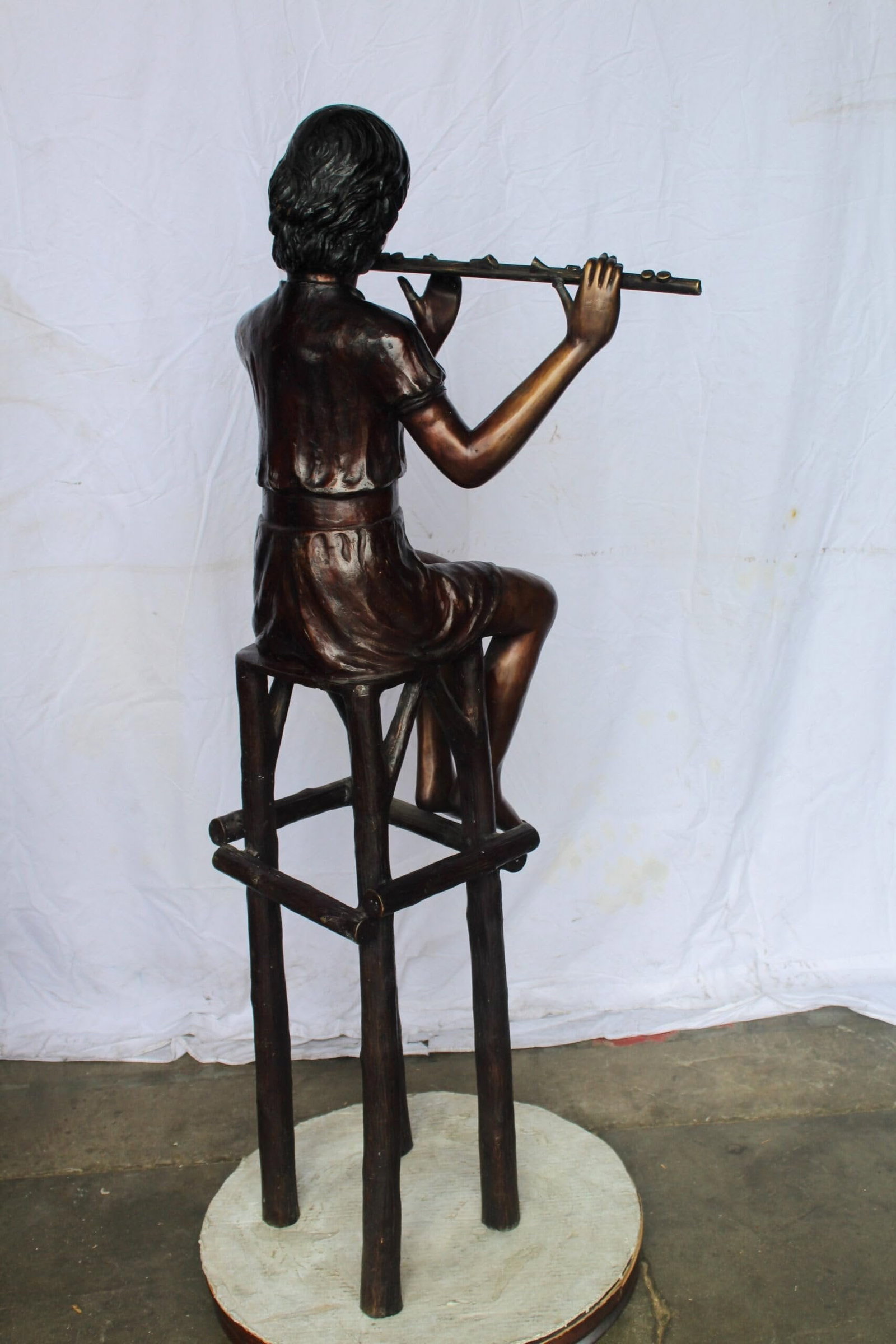 Young Girl Playing the Flute sitting on a Chair Bronze Statue 24" x 16" x 58"H - 7