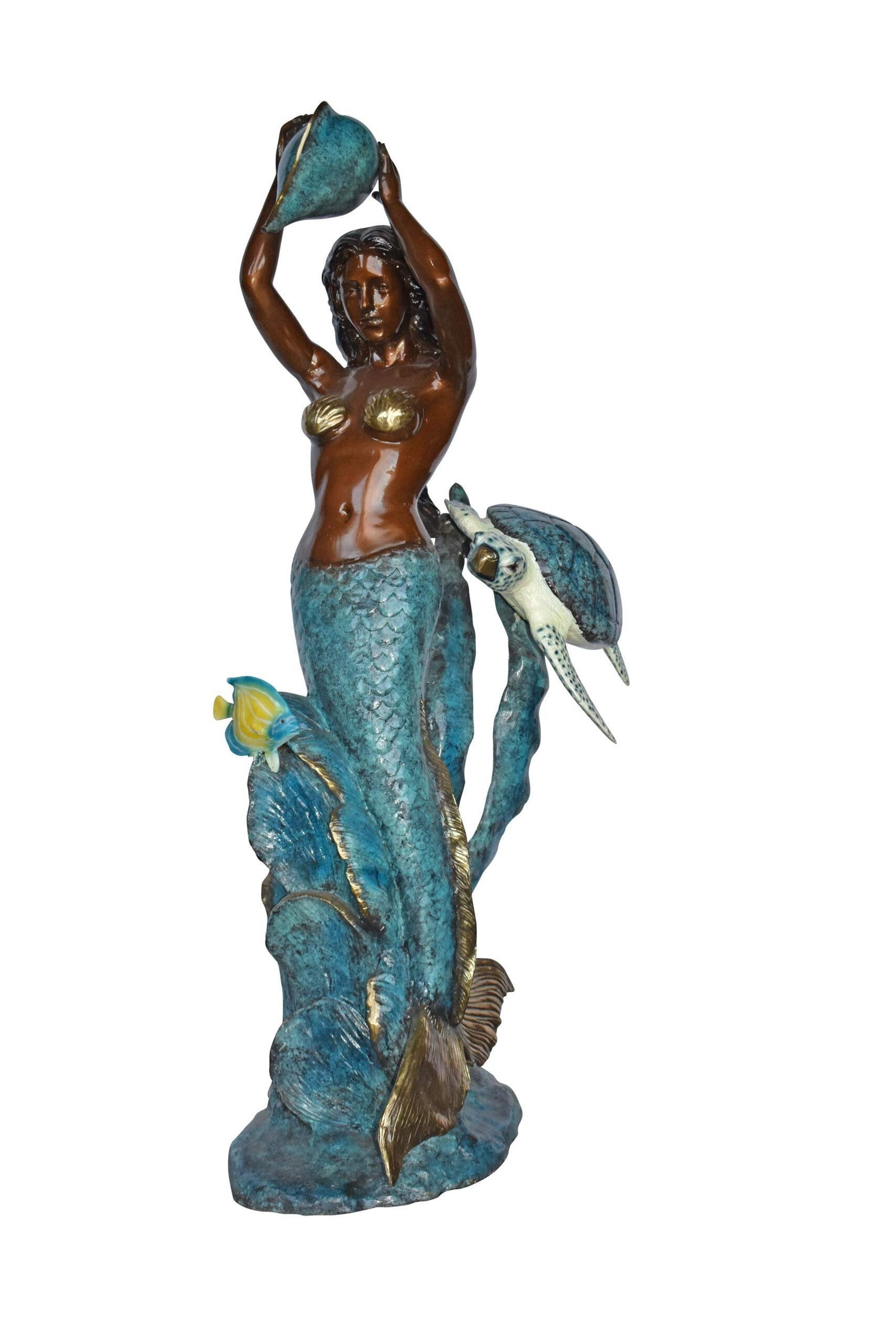 Mermaid Holding a Shell Fountain W Turtle Bronze Statue - Size: 32" x 19" x 60"H: Title:Mermaid Holding a Shell Fountain W Turtle Bronze Statue - Size: 32" x 19" x 60"H Description:No lover of timeless sea lore and the mysteries of the deep sea can resist this incredibly detailed