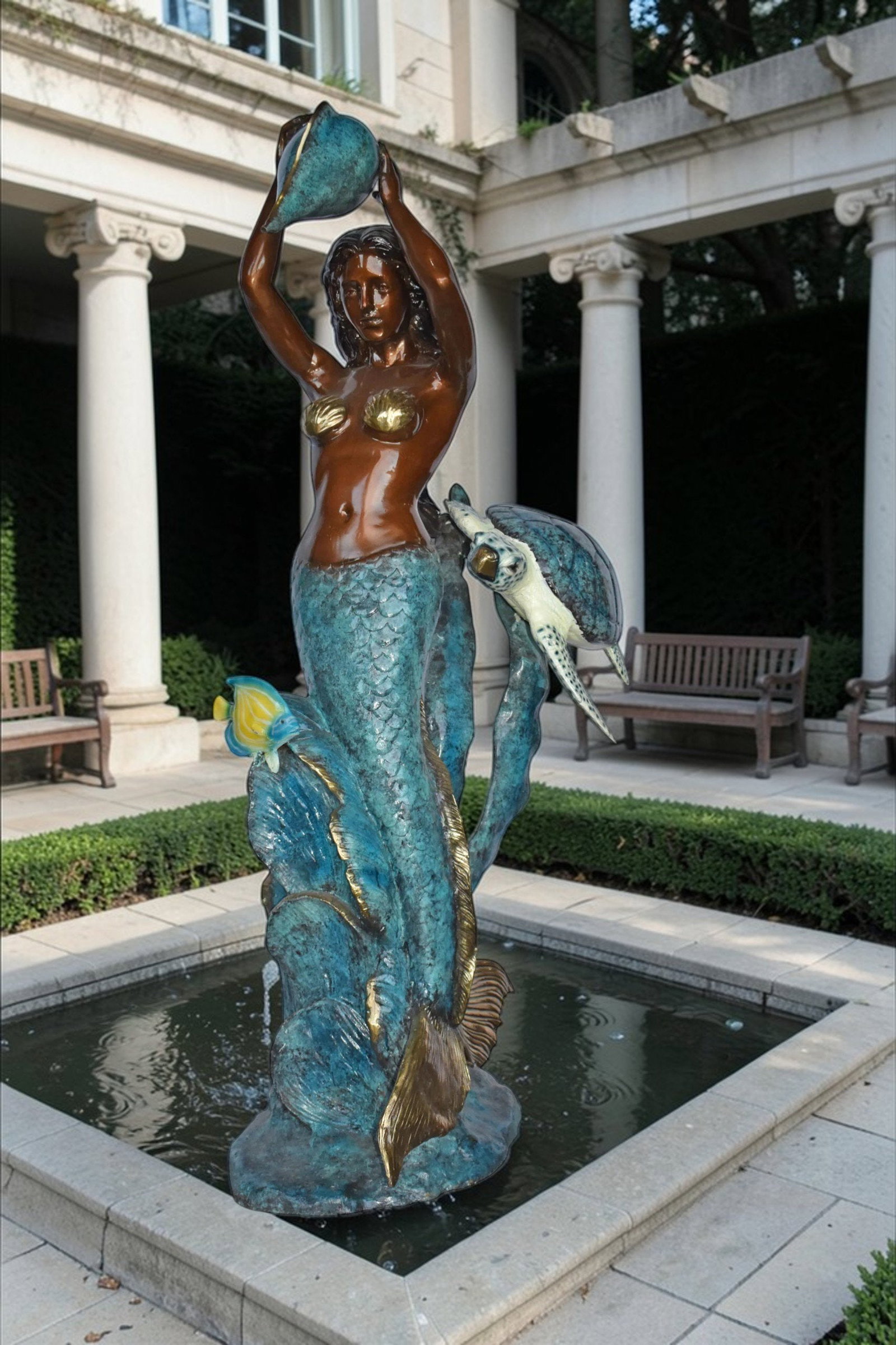 Mermaid Holding a Shell Fountain W Turtle Bronze Statue - Size: 32" x 19" x 60"H - 2