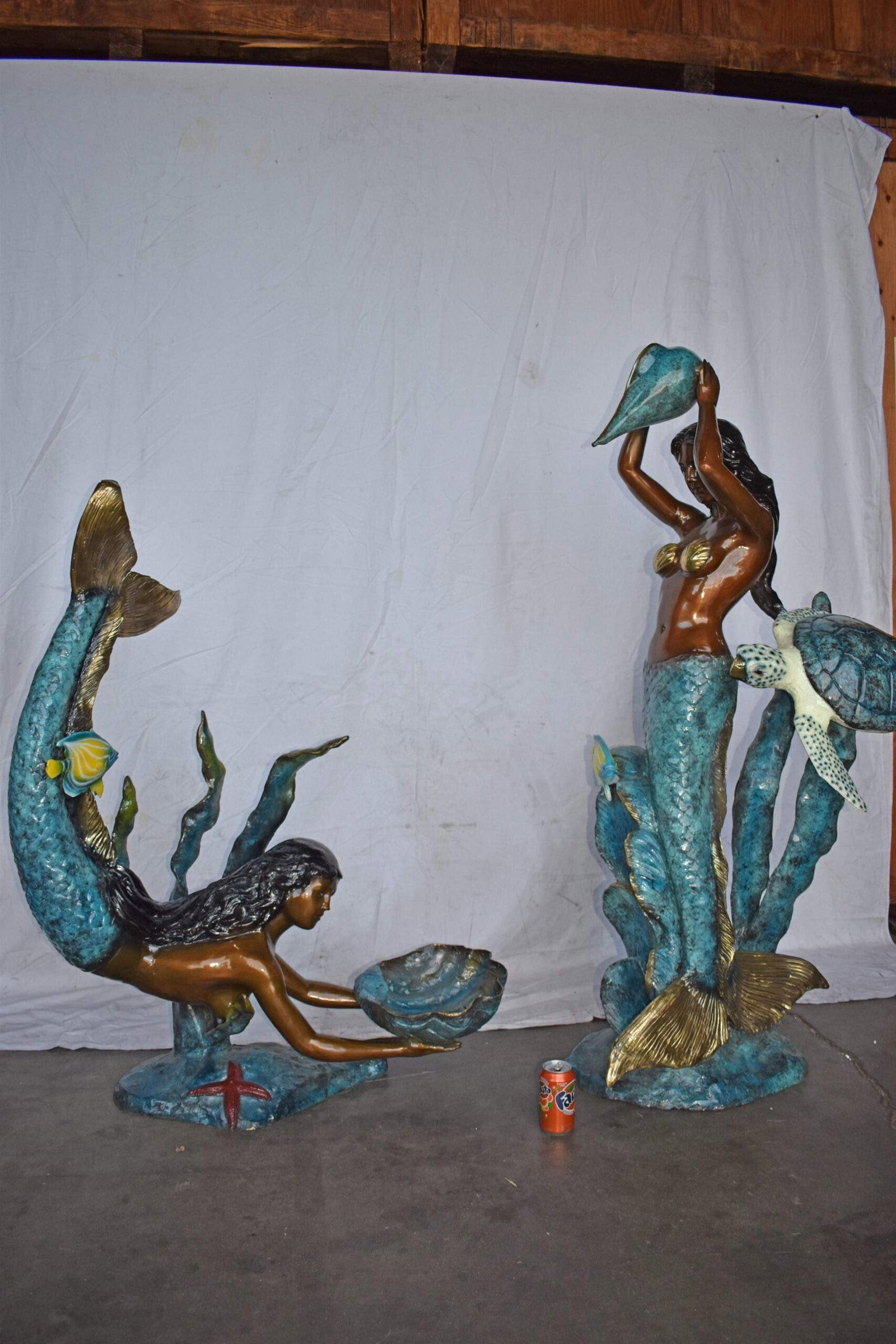 Mermaid Holding a Shell Fountain W Turtle Bronze Statue - Size: 32" x 19" x 60"H - 3