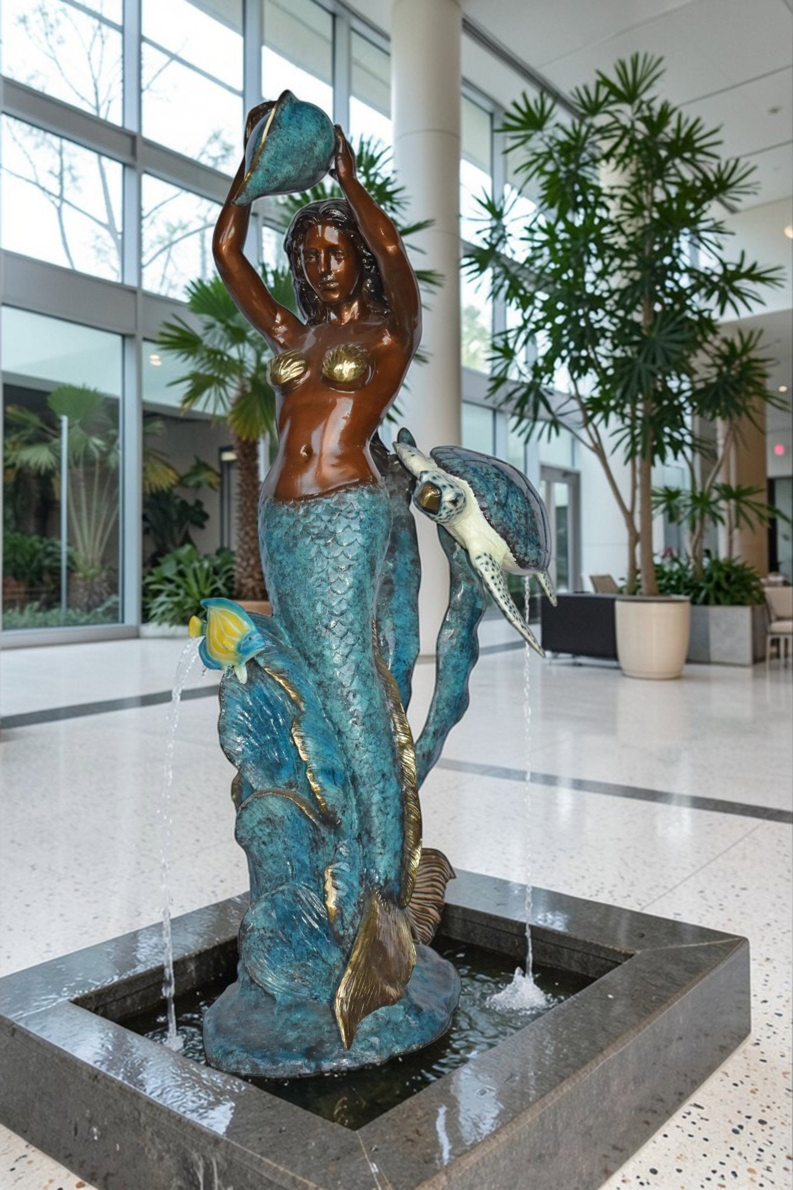 Mermaid Holding a Shell Fountain W Turtle Bronze Statue - Size: 32" x 19" x 60"H - 4