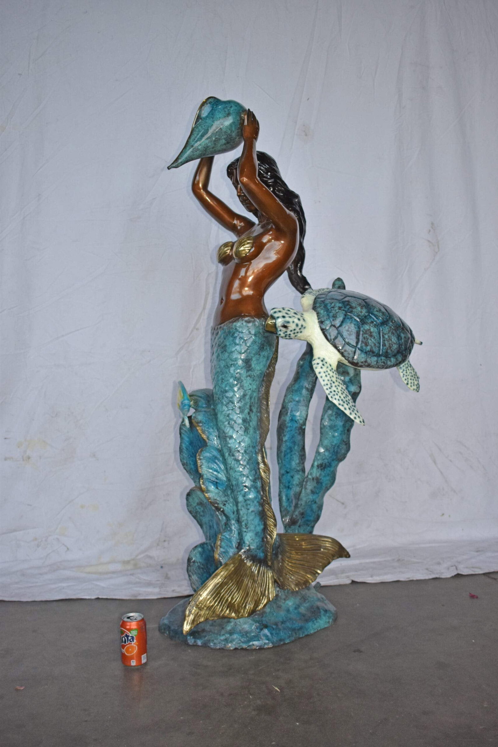 Mermaid Holding a Shell Fountain W Turtle Bronze Statue - Size: 32" x 19" x 60"H - 5