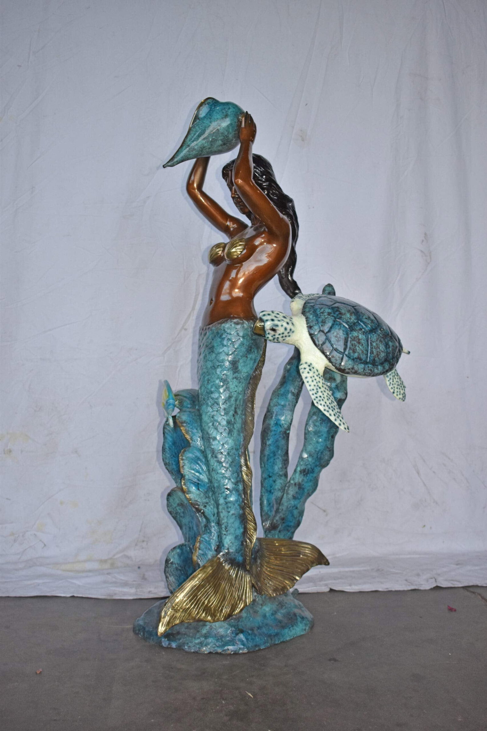 Mermaid Holding a Shell Fountain W Turtle Bronze Statue - Size: 32" x 19" x 60"H - 6