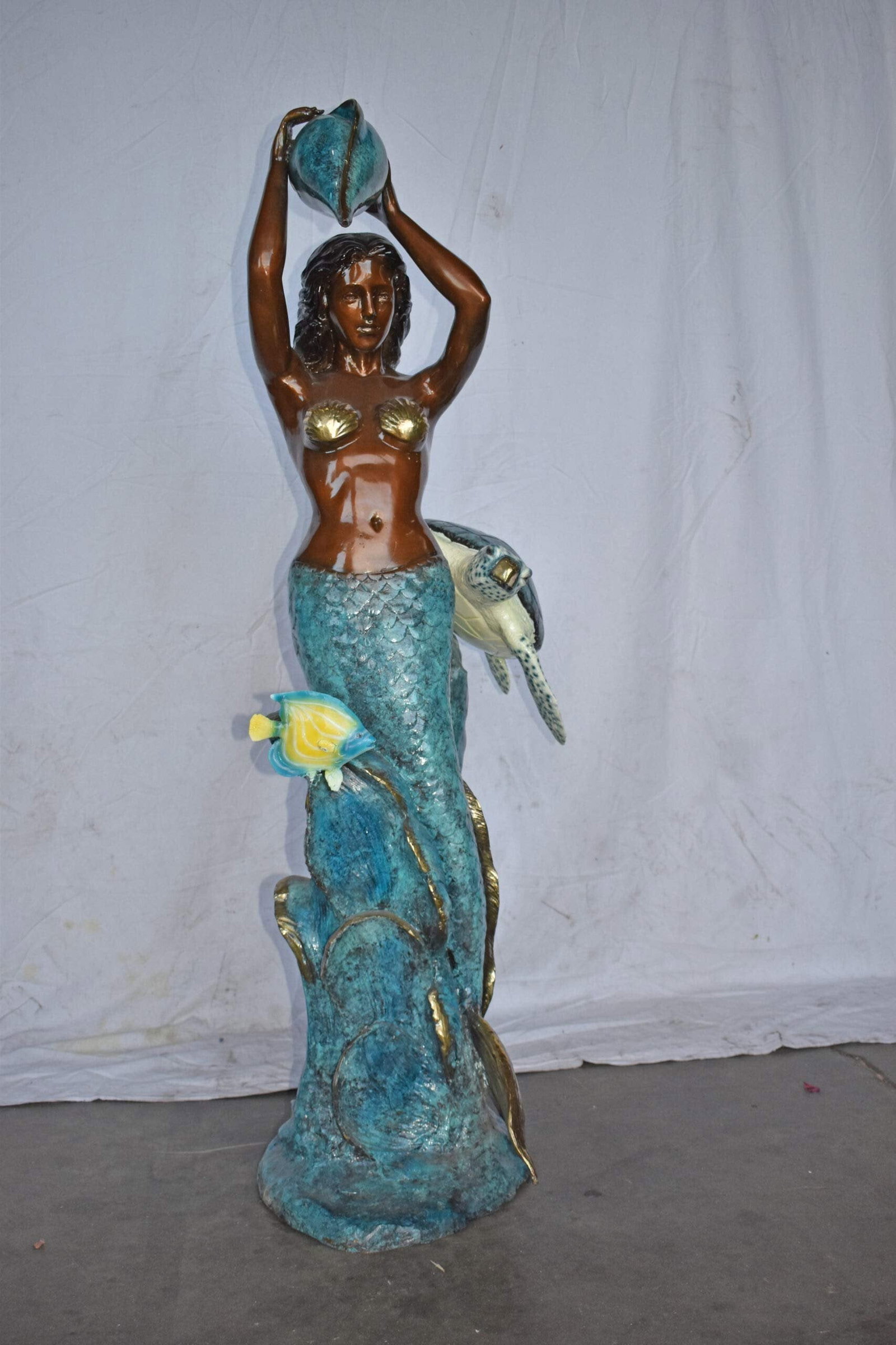 Mermaid Holding a Shell Fountain W Turtle Bronze Statue - Size: 32" x 19" x 60"H - 7