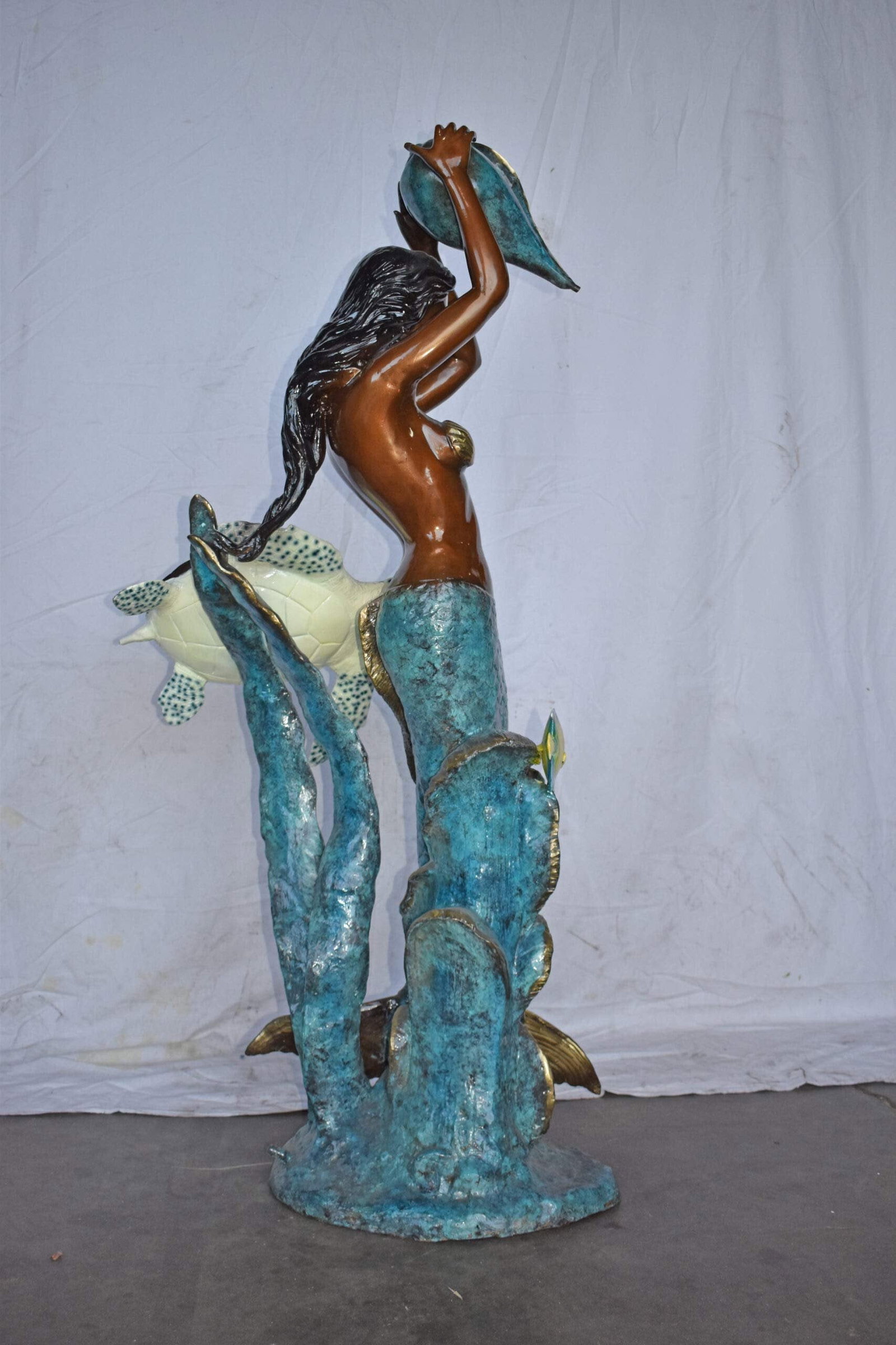 Mermaid Holding a Shell Fountain W Turtle Bronze Statue - Size: 32" x 19" x 60"H - 9