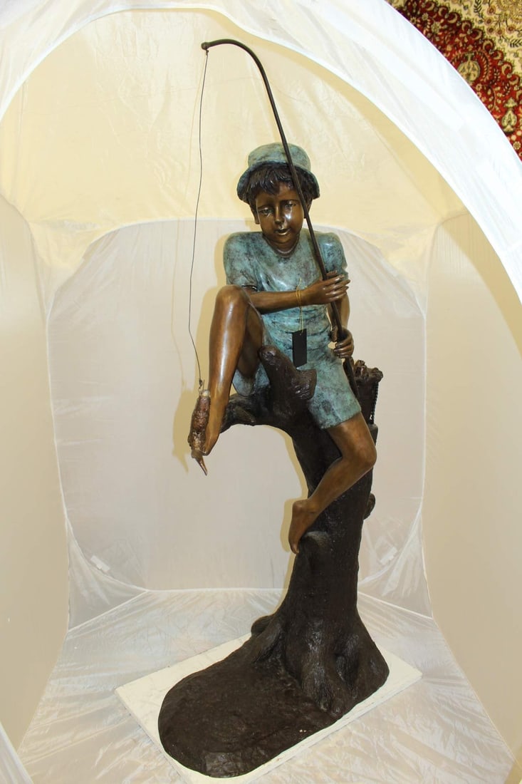 Boy Sitting on a Tree and Fishing Bronze Statue - Size: 34"L x 28"W x 64"H. - 7