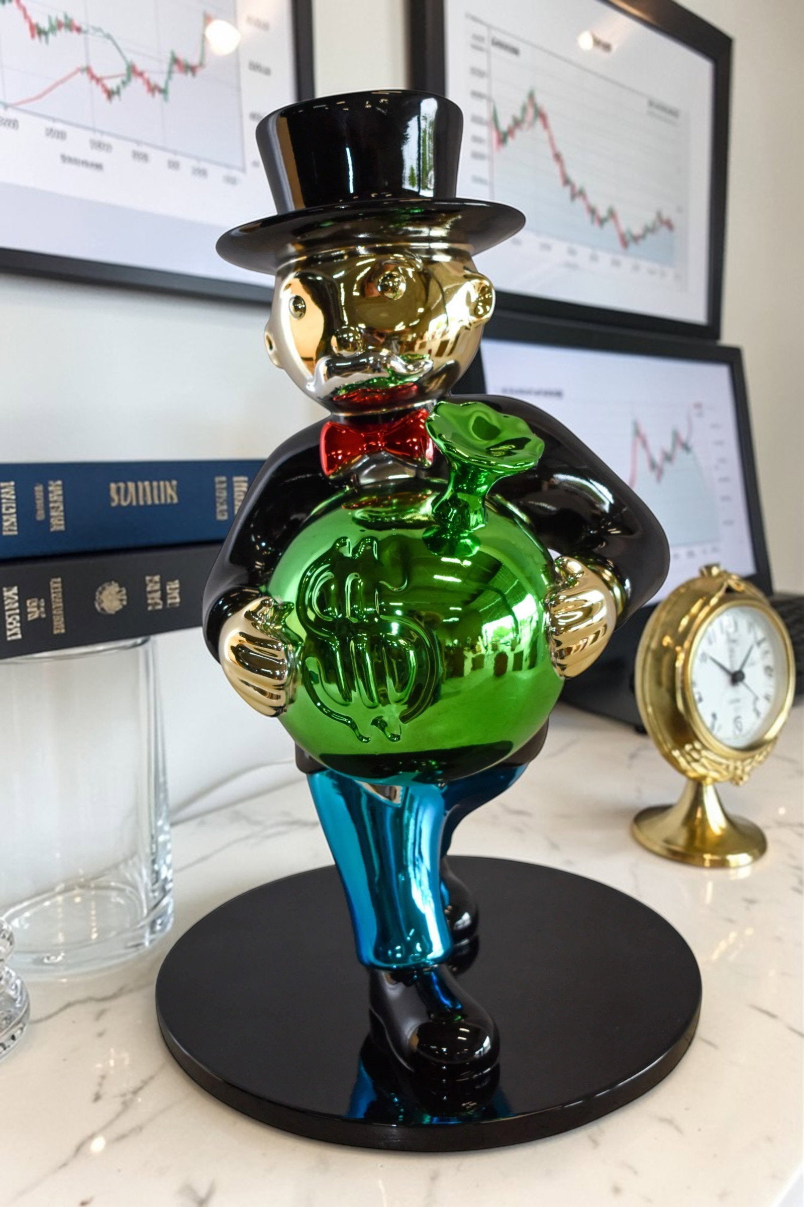 Walking Monopoly Man with Money Bag on Black Base Resin Statue 10" x 10" x 16"H - 2