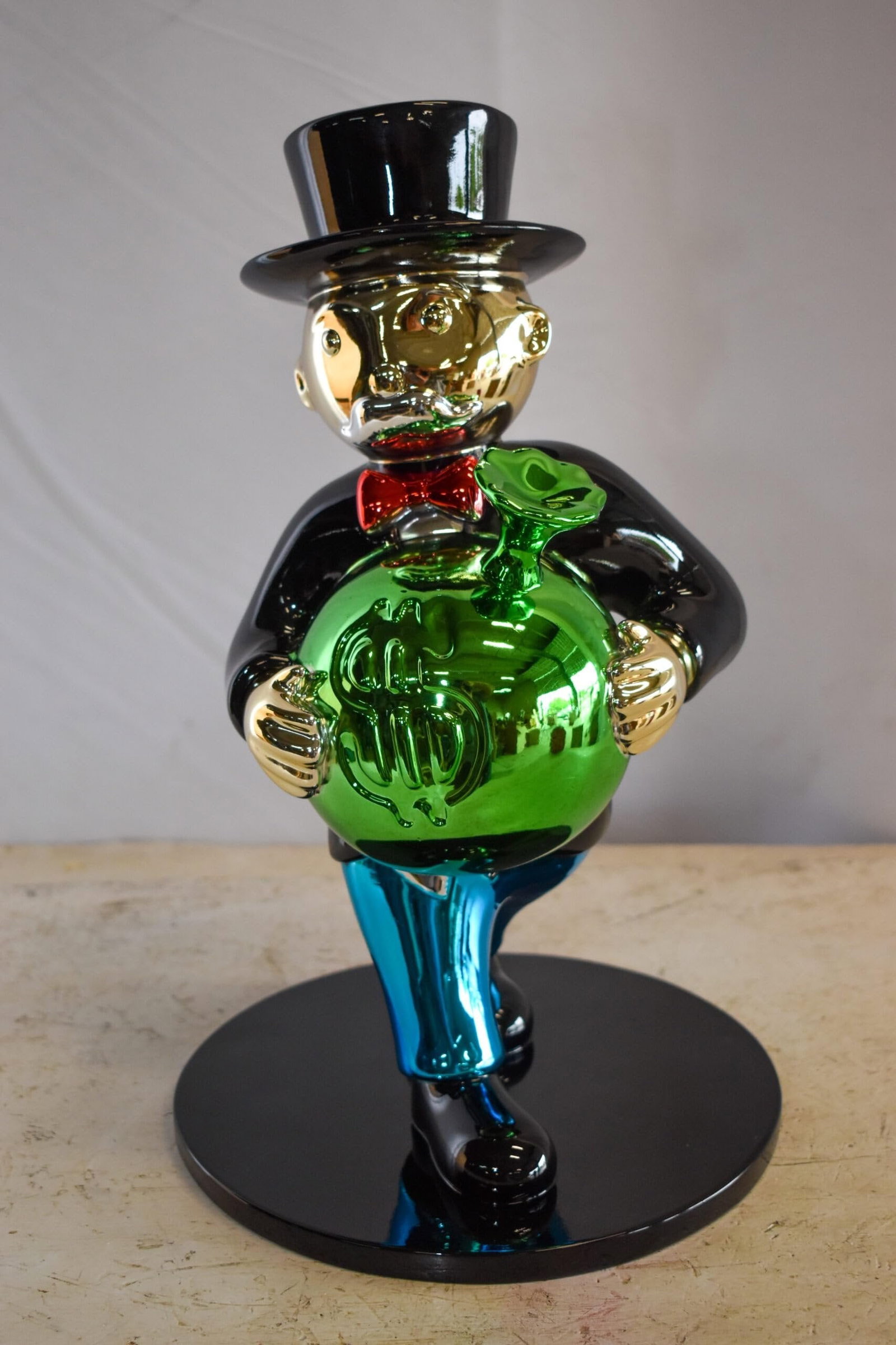 Walking Monopoly Man with Money Bag on Black Base Resin Statue 10" x 10" x 16"H - 4