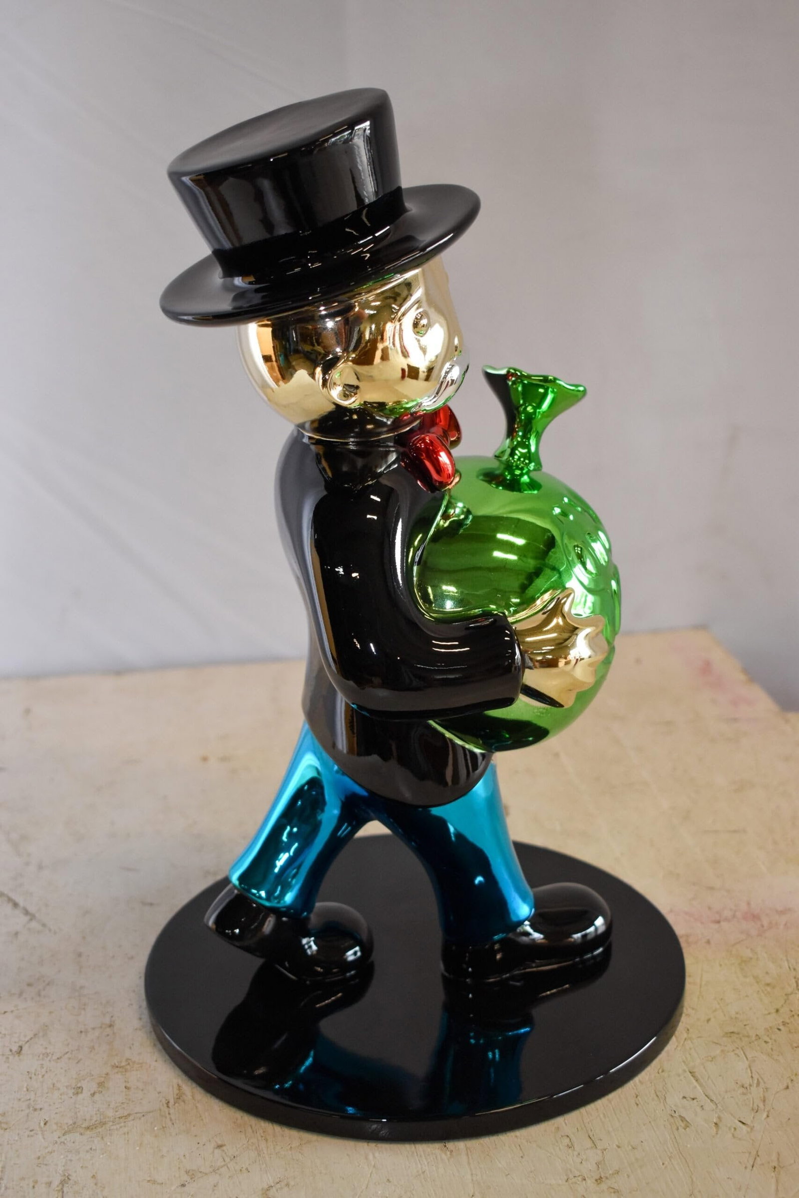 Walking Monopoly Man with Money Bag on Black Base Resin Statue 10" x 10" x 16"H - 7