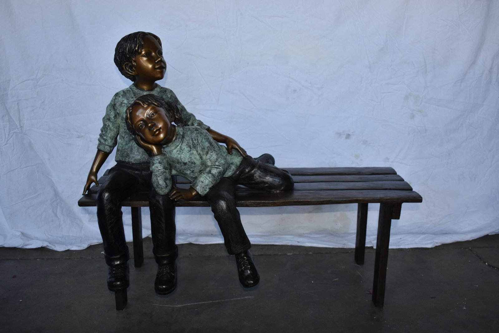 Brother and Sister on A Bench Enjoying Outdoors Bronze Statue 18" x 39" x 33"H - 3