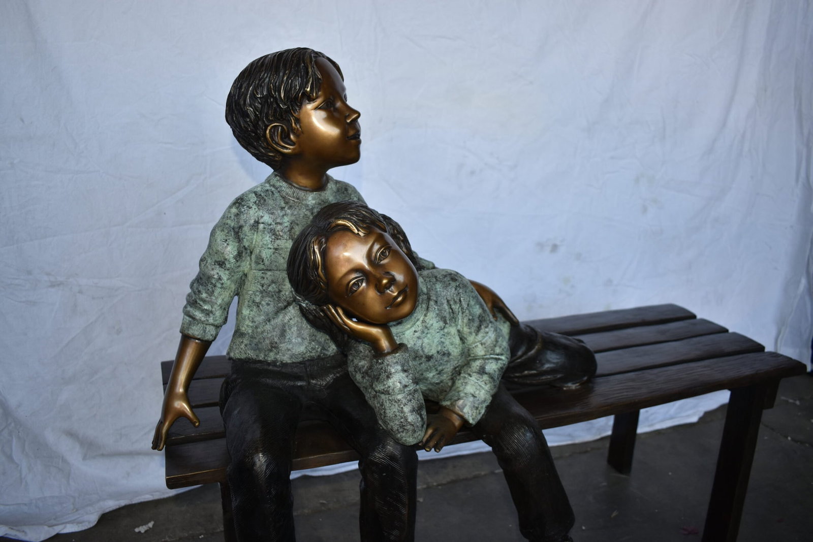 Brother and Sister on A Bench Enjoying Outdoors Bronze Statue 18" x 39" x 33"H - 4