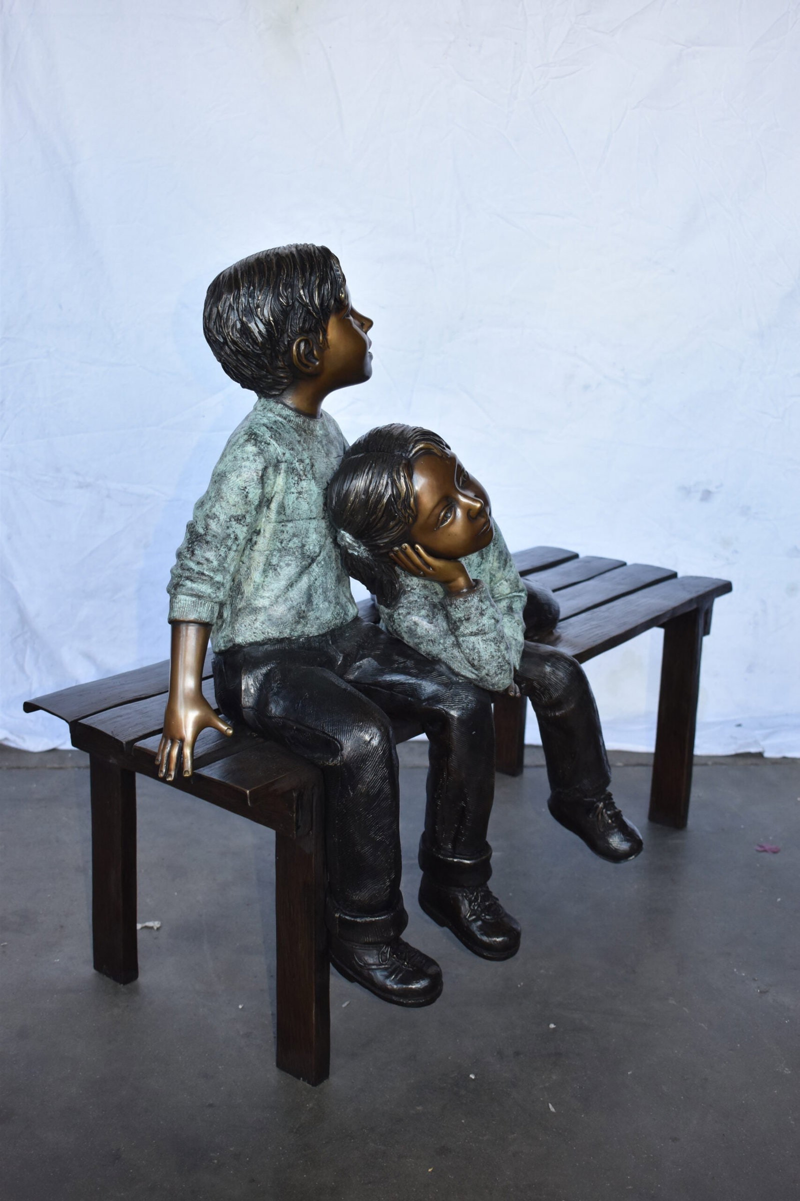 Brother and Sister on A Bench Enjoying Outdoors Bronze Statue 18" x 39" x 33"H - 7