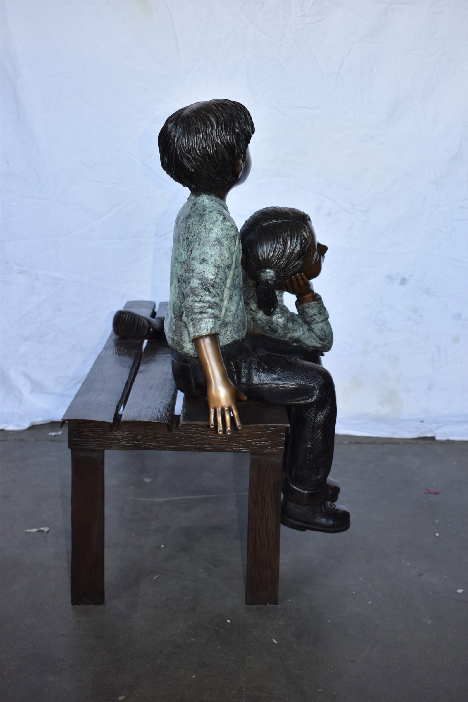 Brother and Sister on A Bench Enjoying Outdoors Bronze Statue 18" x 39" x 33"H - 8