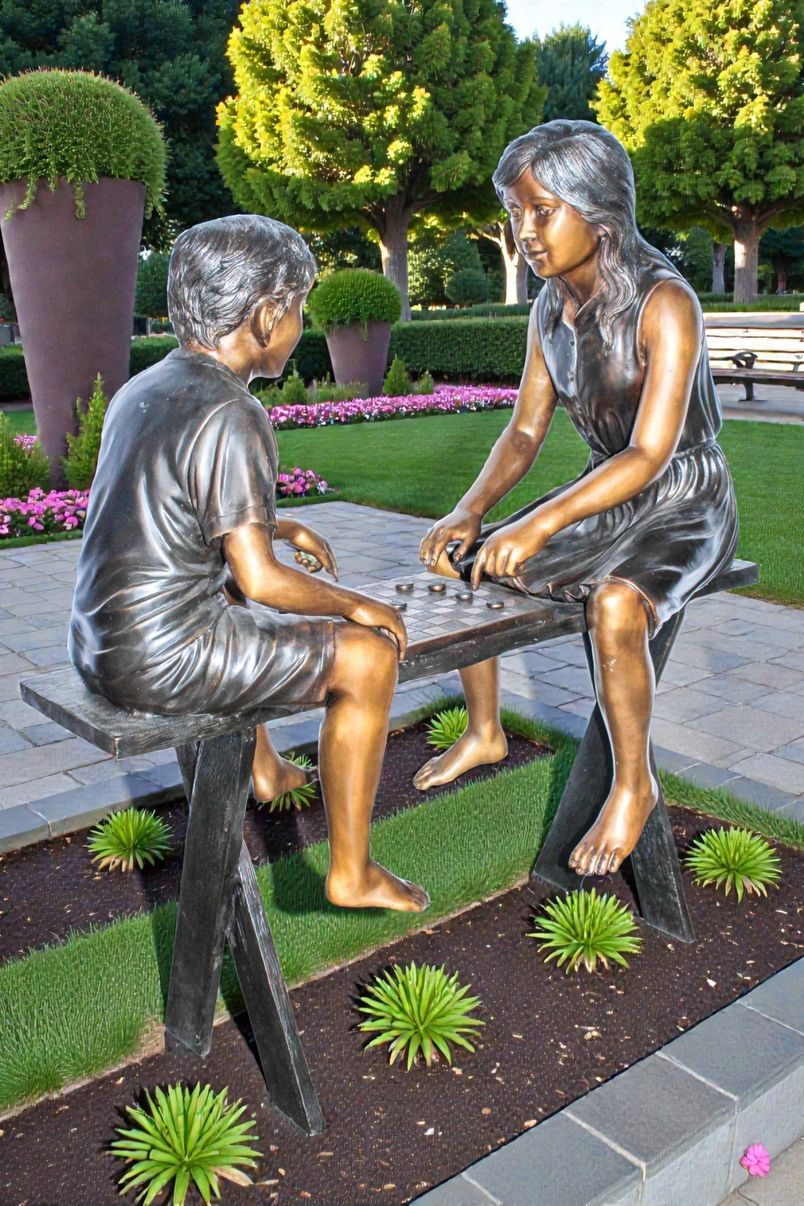 Life Size Bronze Children Playing Checkers Statue 37" x 17" x 44"H - 2