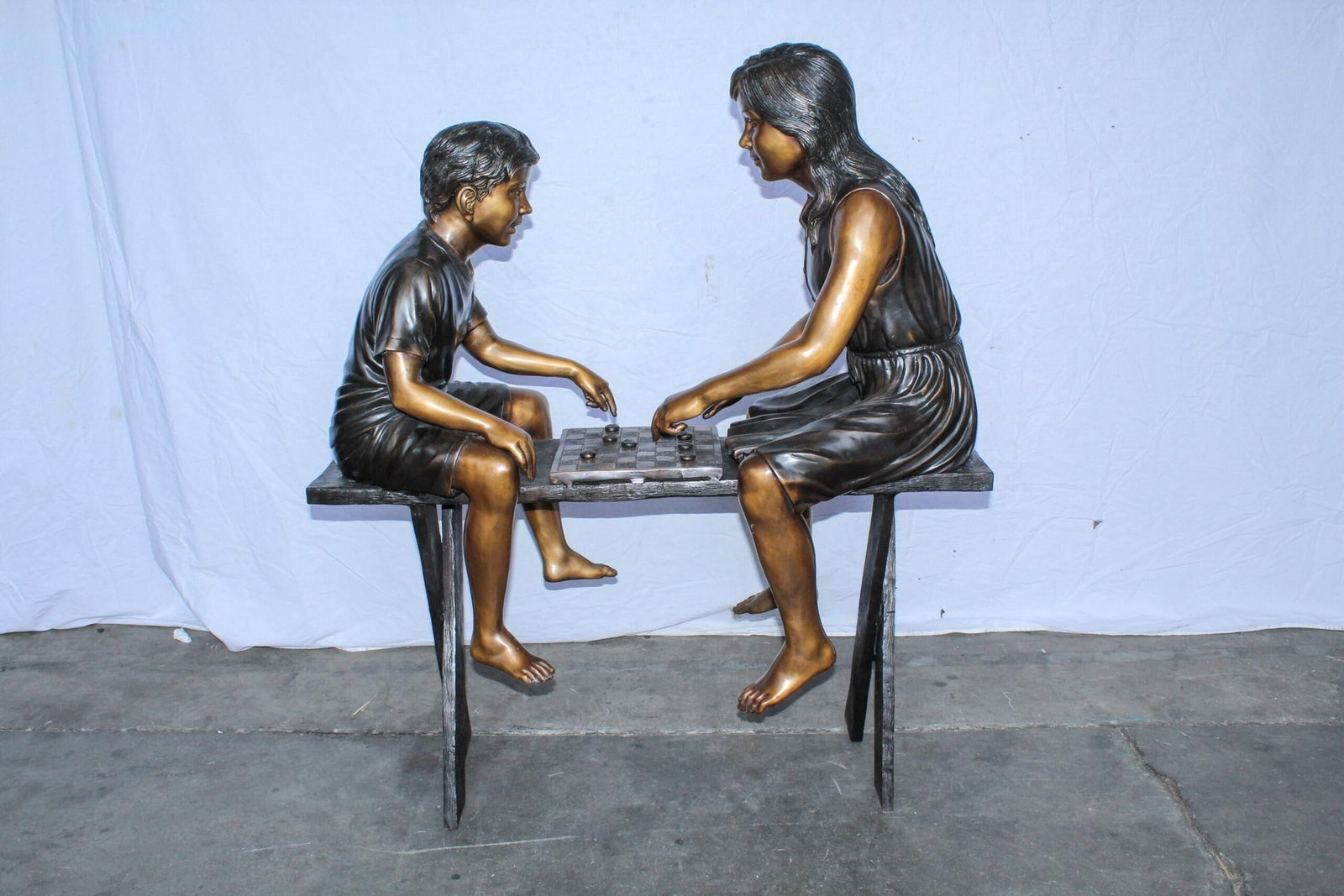 Life Size Bronze Children Playing Checkers Statue 37" x 17" x 44"H - 4