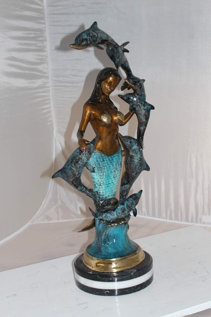 Mermaid w 7 Dolphins Bronze Statue - Size: 12"L x 12"W x 29"H. - 10