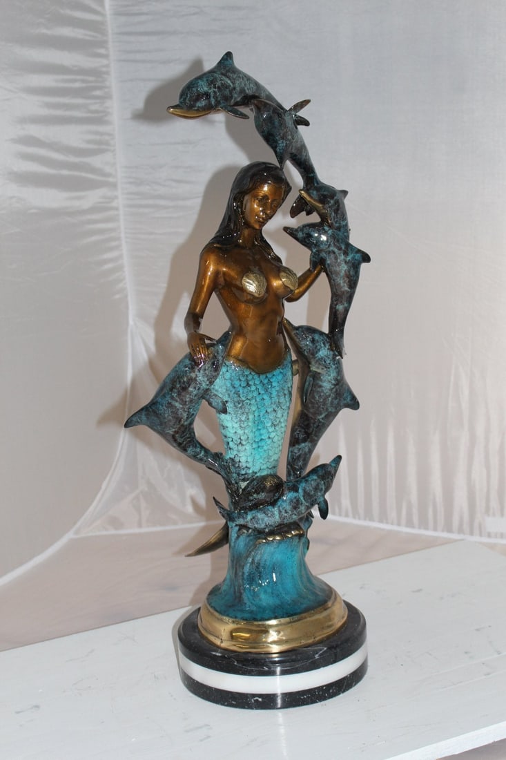 Mermaid w 7 Dolphins Bronze Statue - Size: 12"L x 12"W x 29"H. - 11