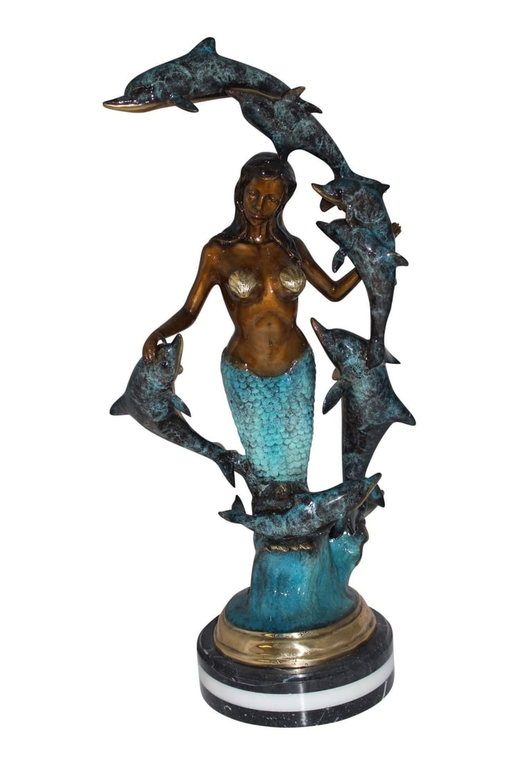 Mermaid w 7 Dolphins Bronze Statue - Size: 12"L x 12"W x 29"H.: Title:Mermaid w 7 Dolphins Bronze Statue - Size: 12"L x 12"W x 29"H. Description:No lover of timeless sea lore and the mysteries of the deep can resist this incredibly detailed Mermaid with Dolphins