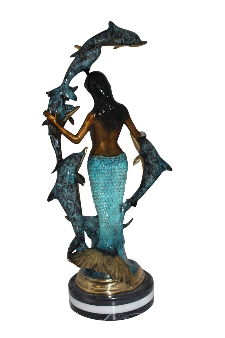 Mermaid w 7 Dolphins Bronze Statue - Size: 12"L x 12"W x 29"H. - 3