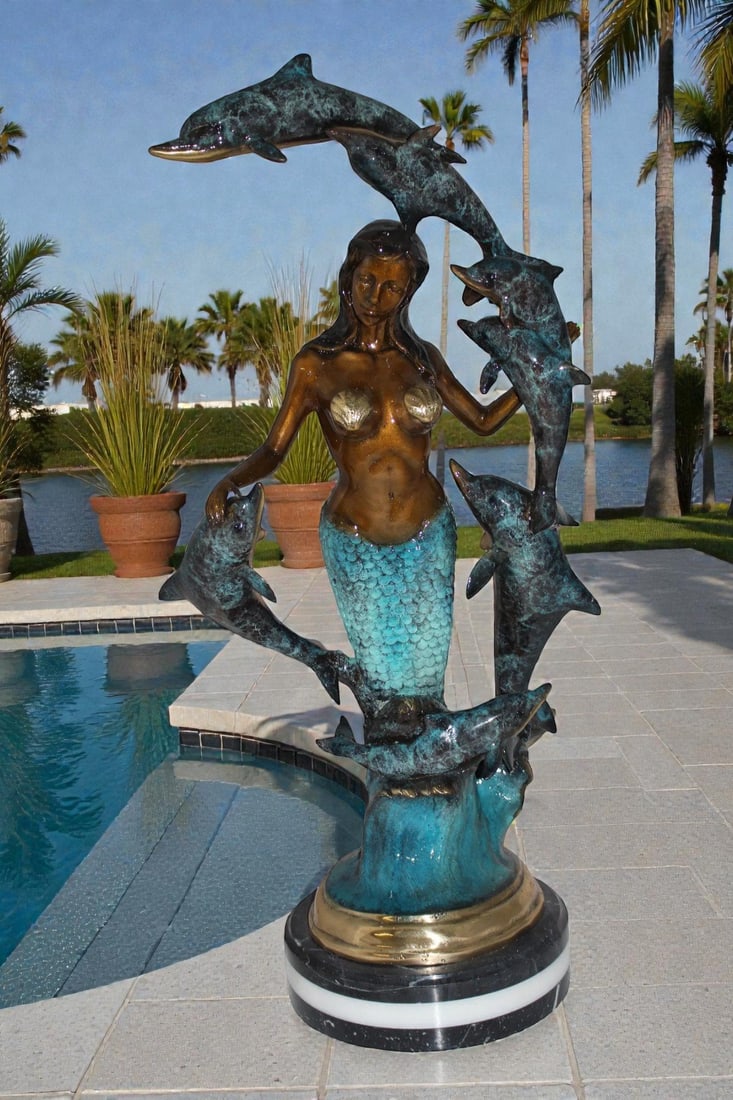 Mermaid w 7 Dolphins Bronze Statue - Size: 12"L x 12"W x 29"H. - 4