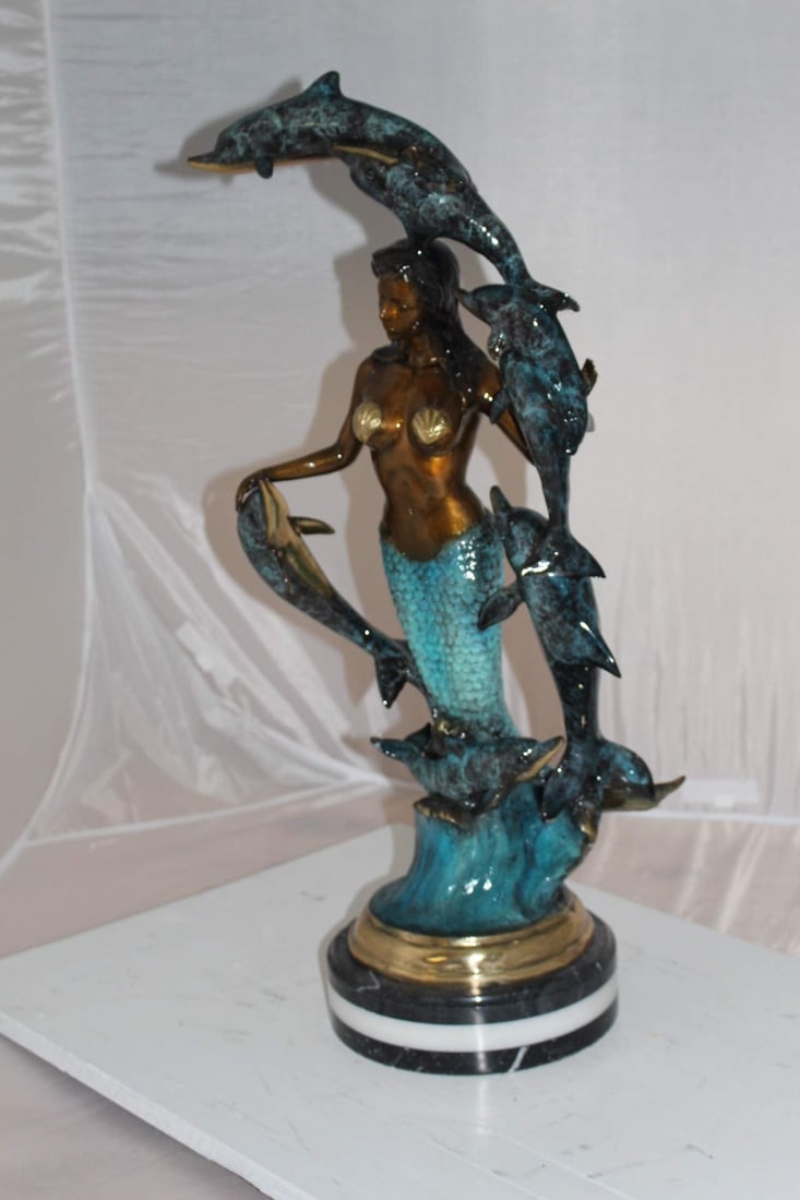 Mermaid w 7 Dolphins Bronze Statue - Size: 12"L x 12"W x 29"H. - 5