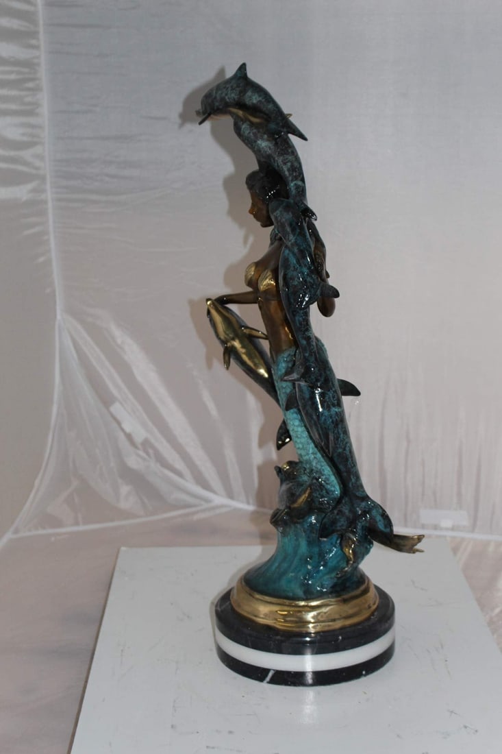 Mermaid w 7 Dolphins Bronze Statue - Size: 12"L x 12"W x 29"H. - 6