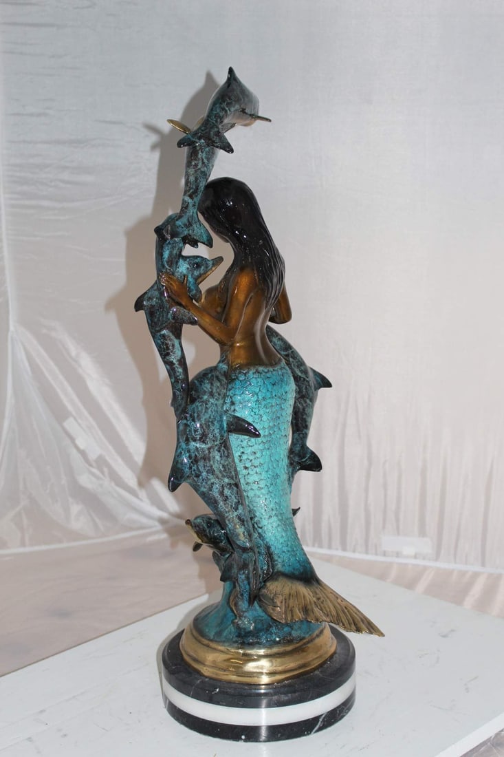 Mermaid w 7 Dolphins Bronze Statue - Size: 12"L x 12"W x 29"H. - 7