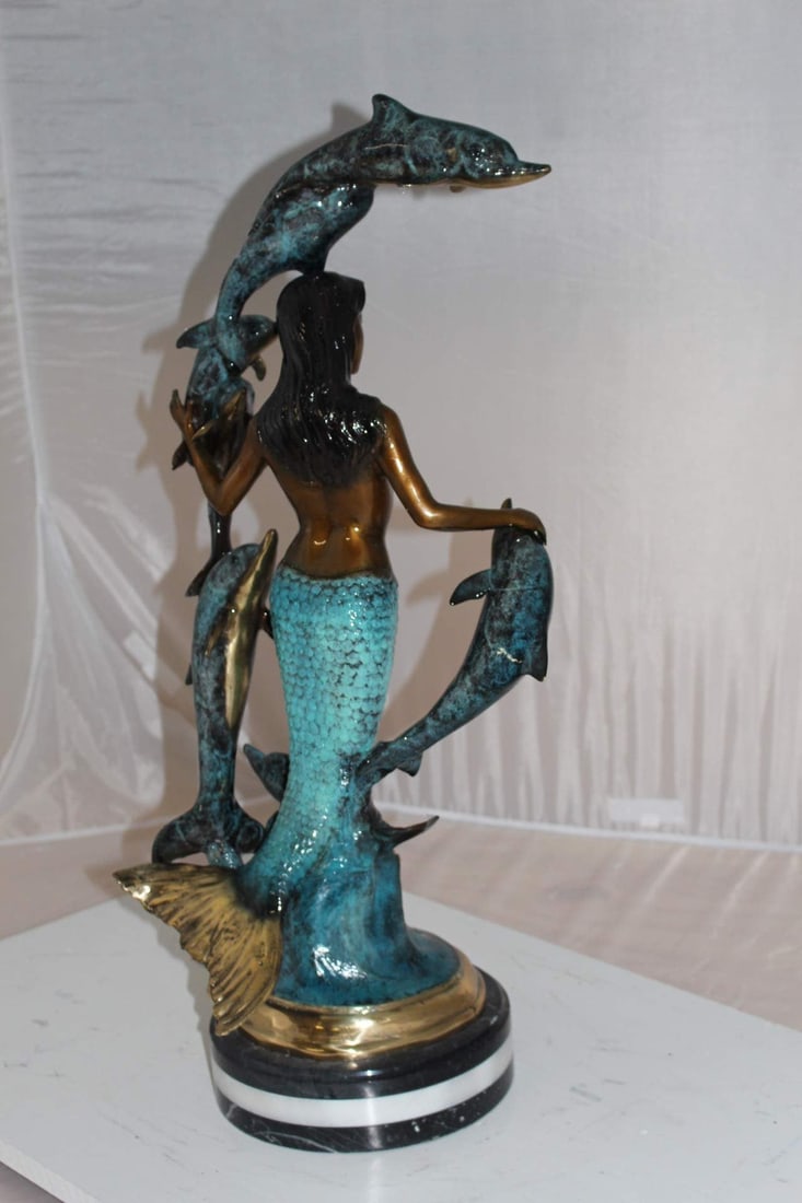 Mermaid w 7 Dolphins Bronze Statue - Size: 12"L x 12"W x 29"H. - 8