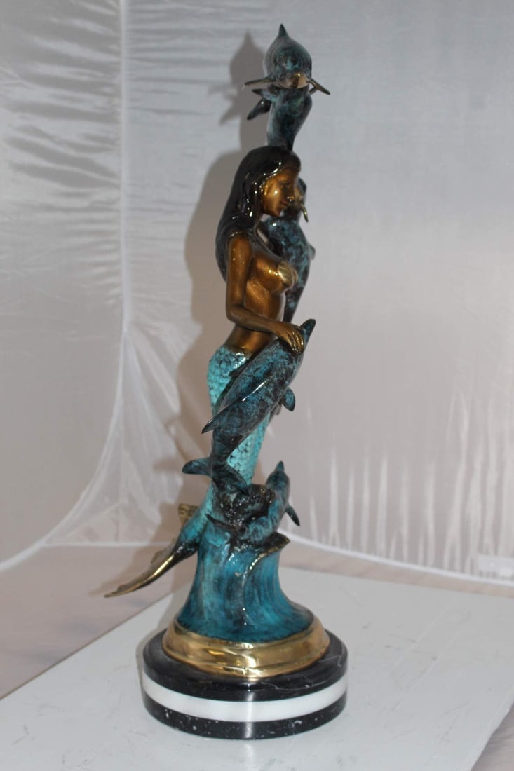 Mermaid w 7 Dolphins Bronze Statue - Size: 12"L x 12"W x 29"H. - 9
