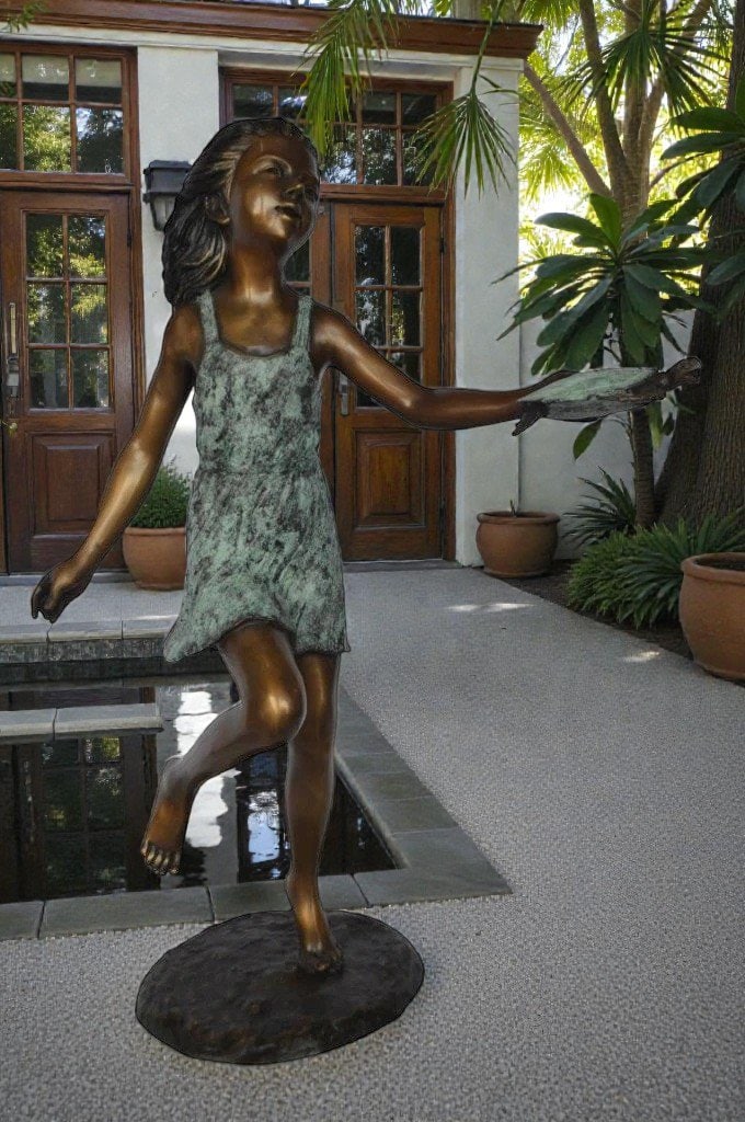 Girl holding turtle bronze fountain statue - Size: 26"L x 19"W x 37"H. - 2