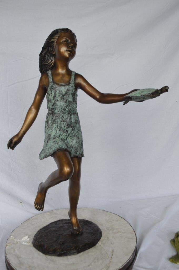 Girl holding turtle bronze fountain statue - Size: 26"L x 19"W x 37"H. - 3