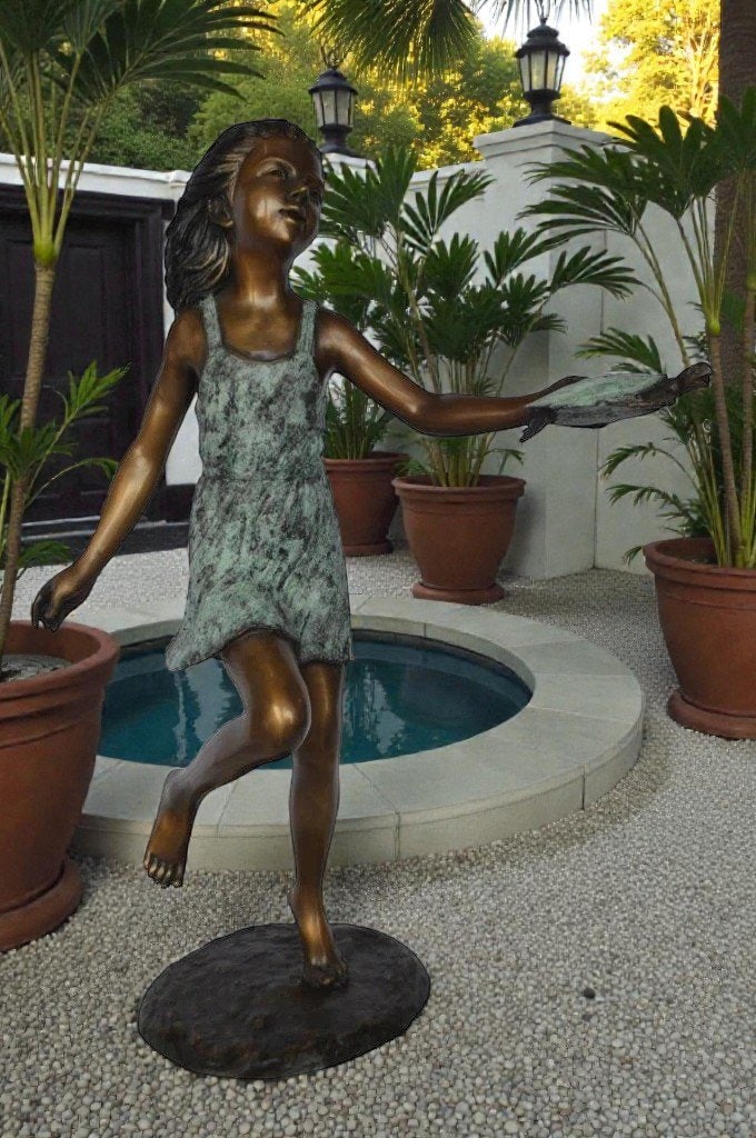 Girl holding turtle bronze fountain statue - Size: 26"L x 19"W x 37"H. - 4