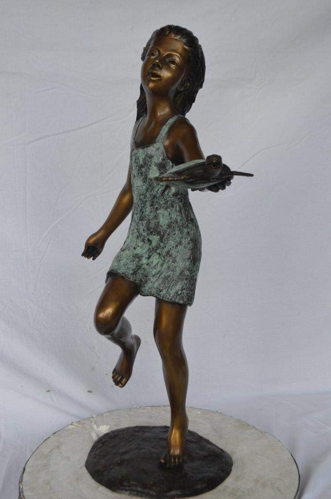 Girl holding turtle bronze fountain statue - Size: 26"L x 19"W x 37"H. - 5