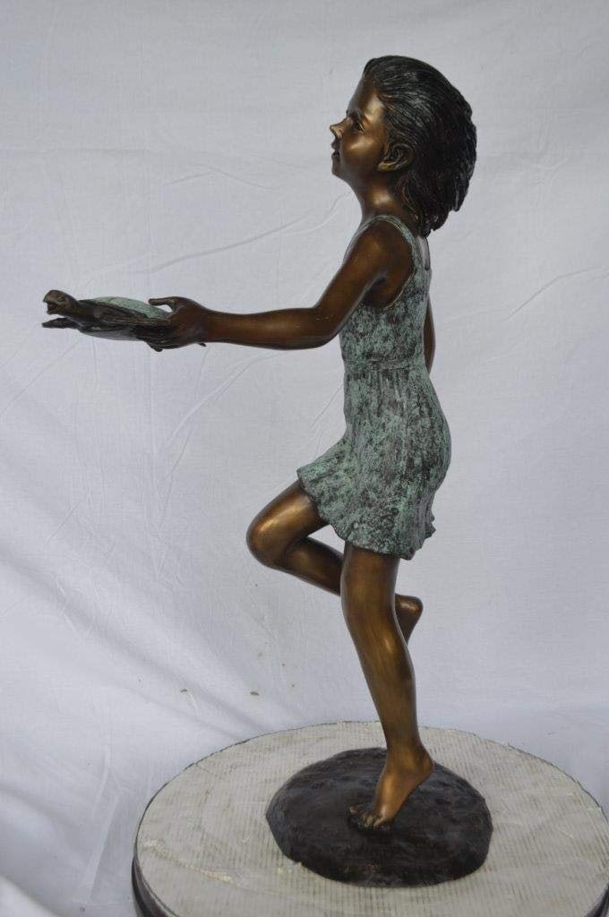 Girl holding turtle bronze fountain statue - Size: 26"L x 19"W x 37"H. - 6