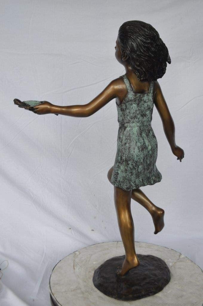 Girl holding turtle bronze fountain statue - Size: 26"L x 19"W x 37"H. - 7