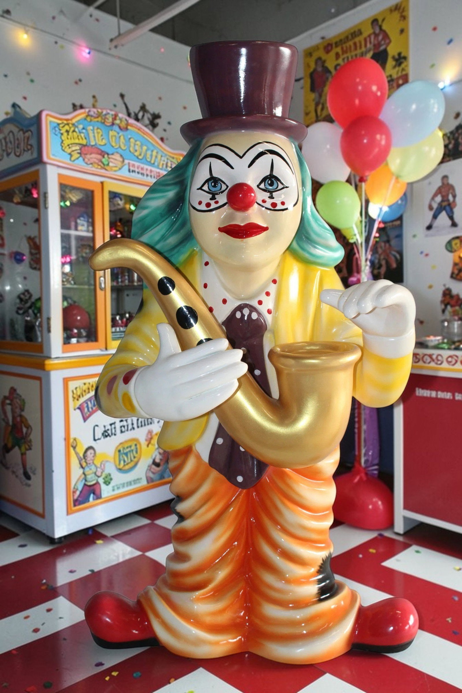 Whimsical Clown Fiberglass Statue, Jazzing Up with Saxophone 19" x 18" x 36"H - 2