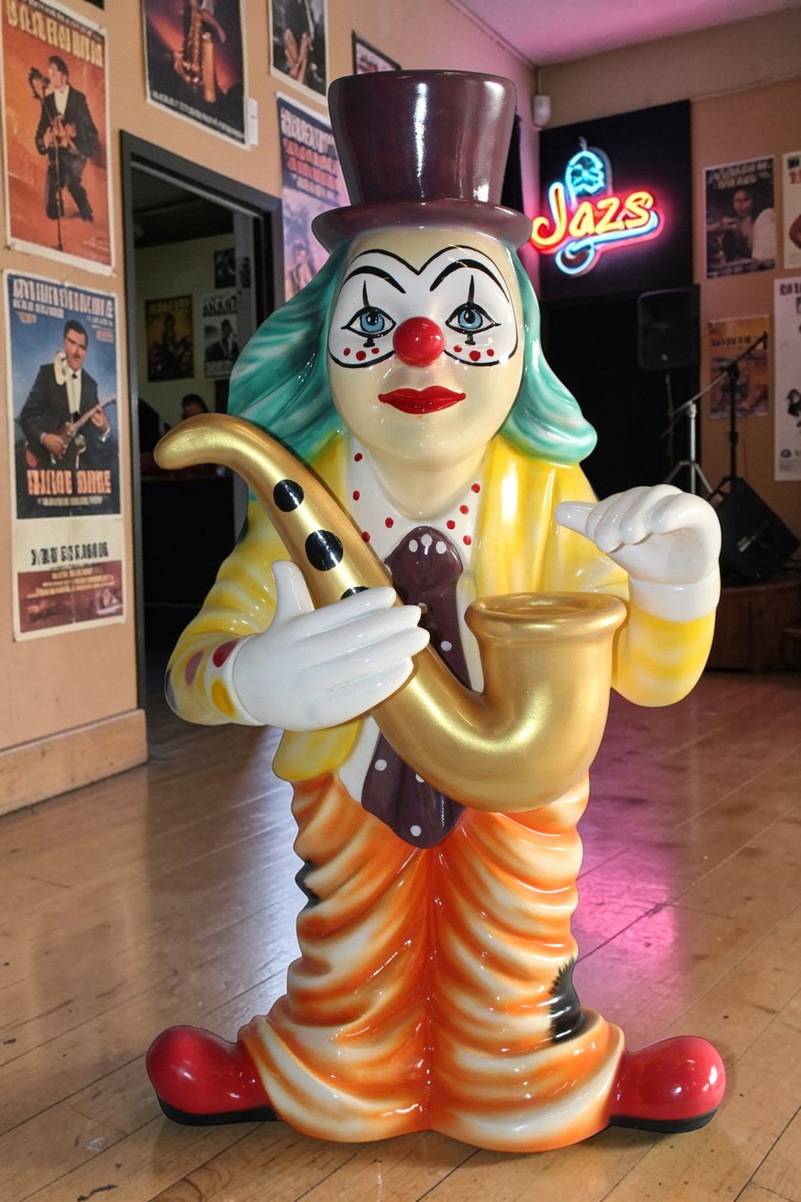 Whimsical Clown Fiberglass Statue, Jazzing Up with Saxophone 19" x 18" x 36"H - 3