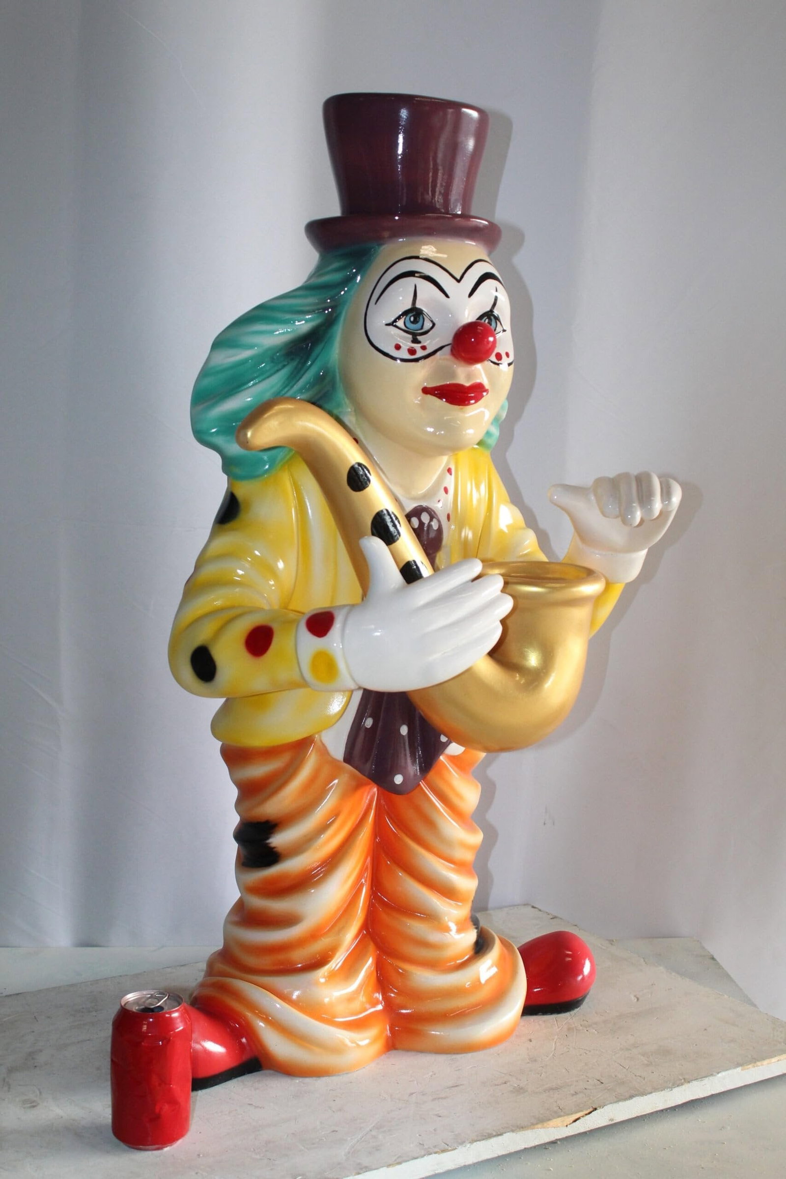 Whimsical Clown Fiberglass Statue, Jazzing Up with Saxophone 19" x 18" x 36"H - 4