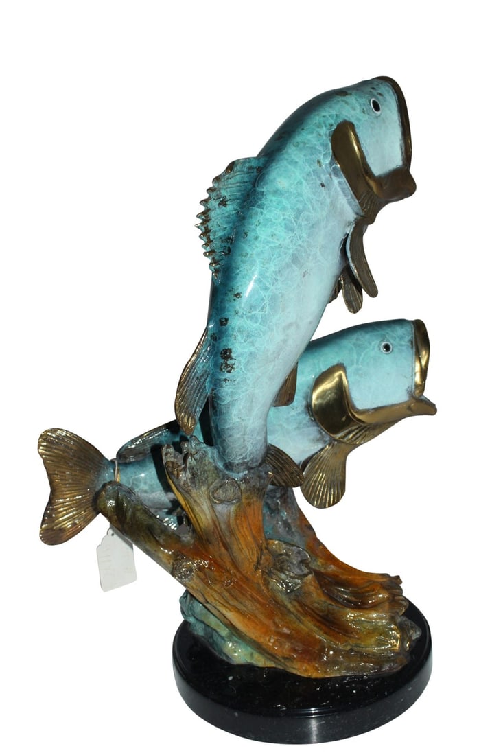 Two largemouth bass fish Bronze Statue - Size: 17"L x 10"W x 24"H. - 2