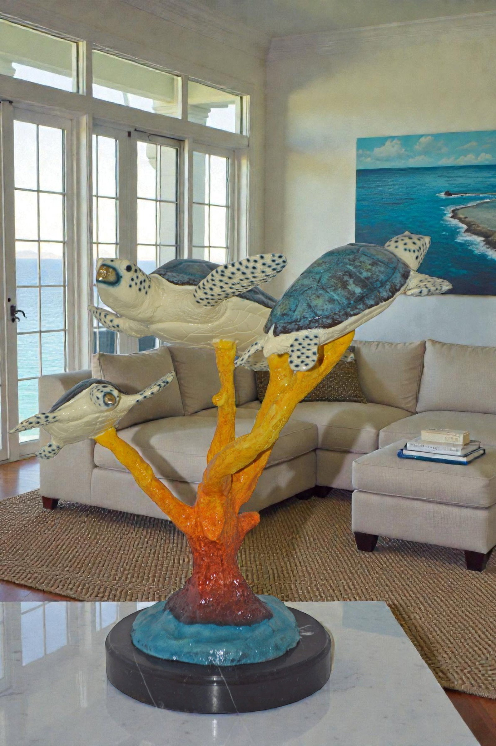 Three Turtles swimming around Corals Bronze Statue - Size: 17"L x 15"W x 19"H. - 2