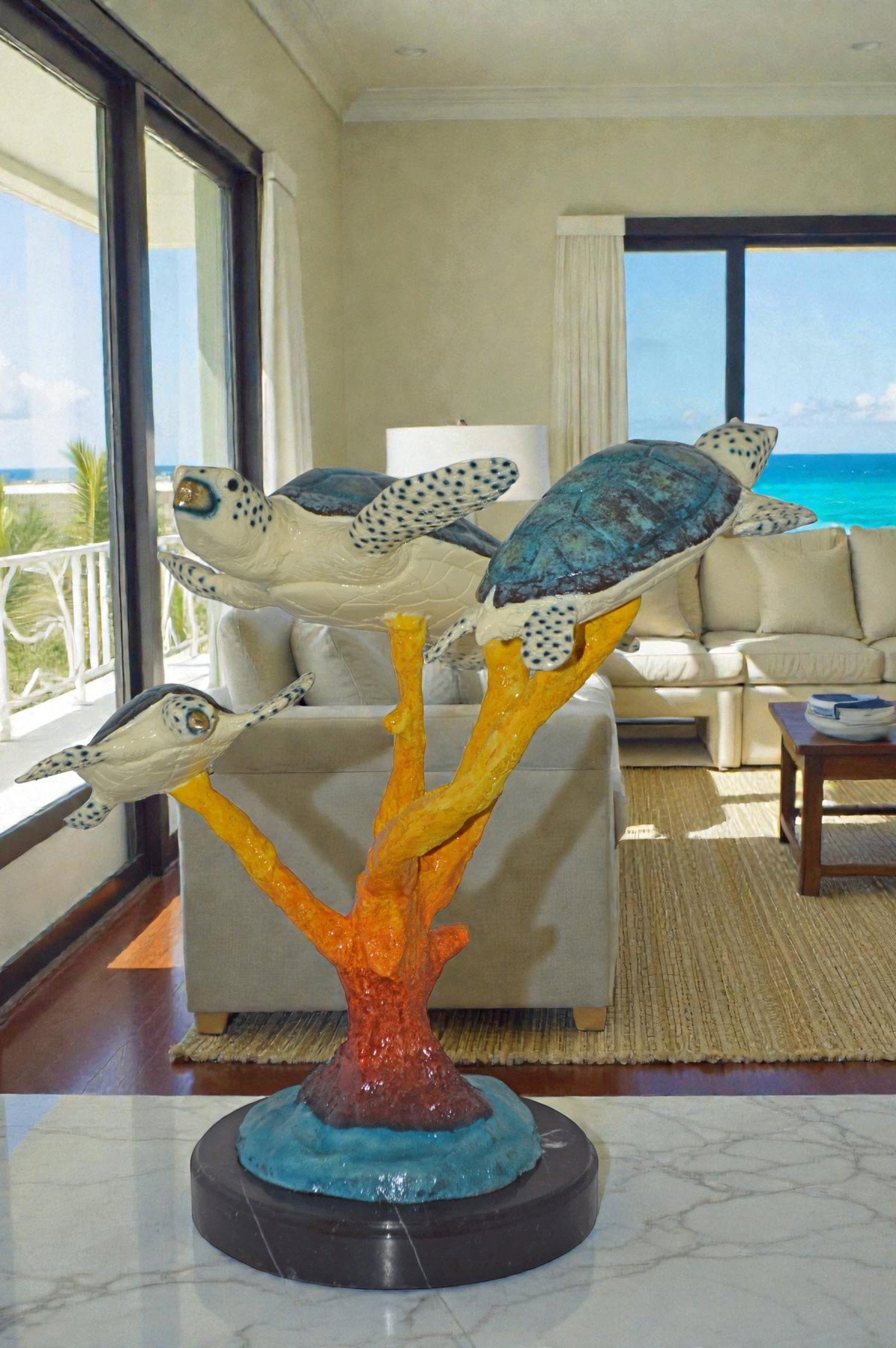 Three Turtles swimming around Corals Bronze Statue - Size: 17"L x 15"W x 19"H. - 3