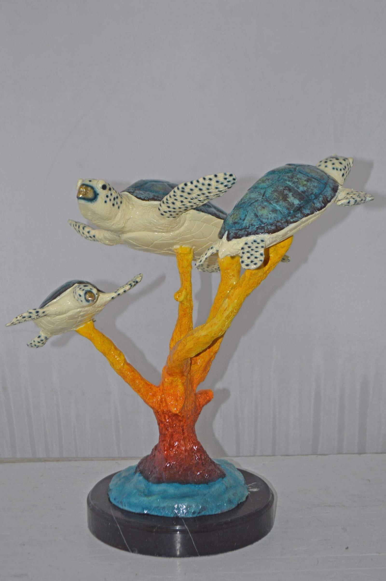 Three Turtles swimming around Corals Bronze Statue - Size: 17"L x 15"W x 19"H. - 5