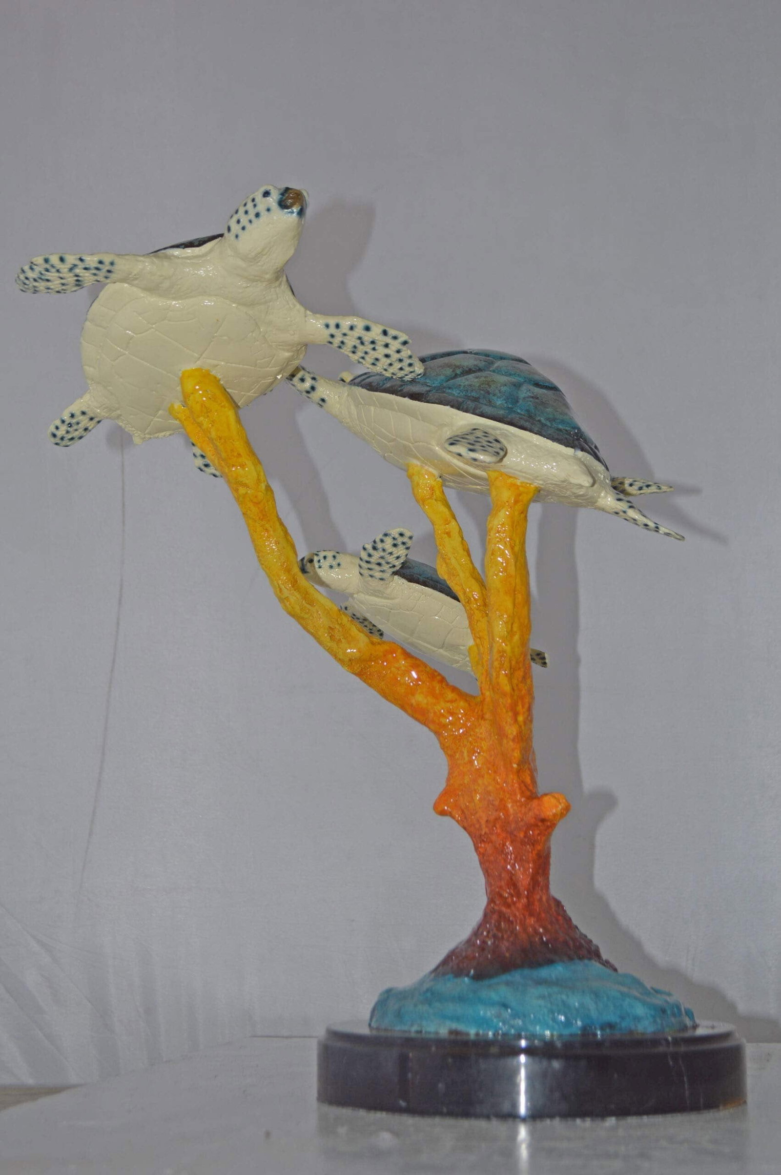 Three Turtles swimming around Corals Bronze Statue - Size: 17"L x 15"W x 19"H. - 8