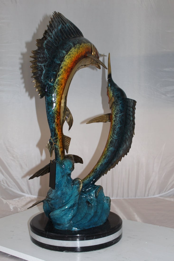 Two Sailfish Fish Bronze Statue Bronze Statue - Size: 20"L x 16"W x 34"H. - 7