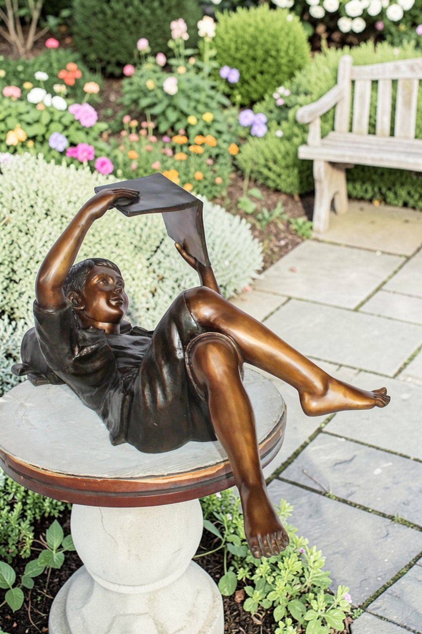 Bronze Boy Reading Statue – Large Handcrafted Lost Wax Sculpture of Young Boy Lying Back with Book - 2