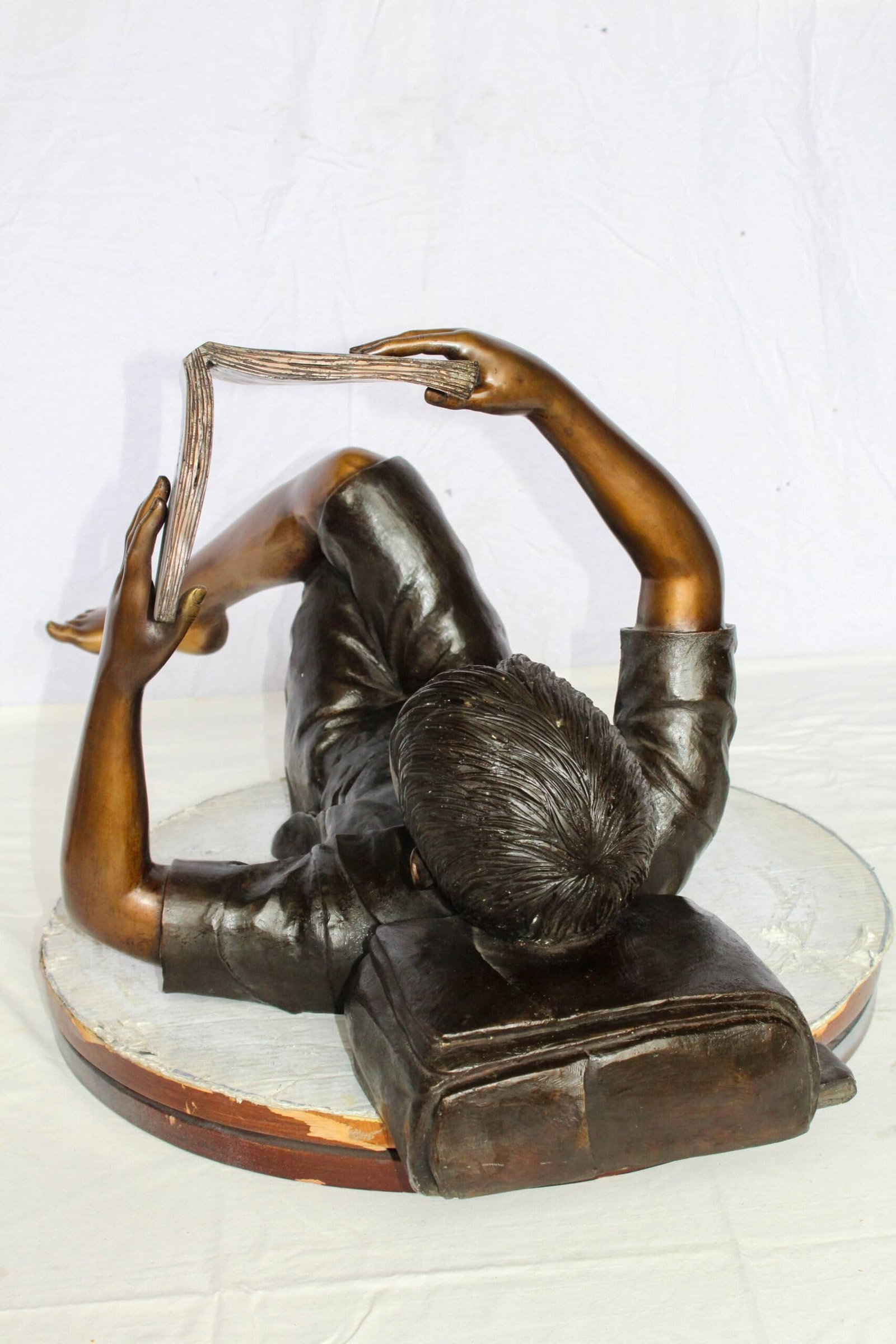 Bronze Boy Reading Statue – Large Handcrafted Lost Wax Sculpture of Young Boy Lying Back with Book - 7