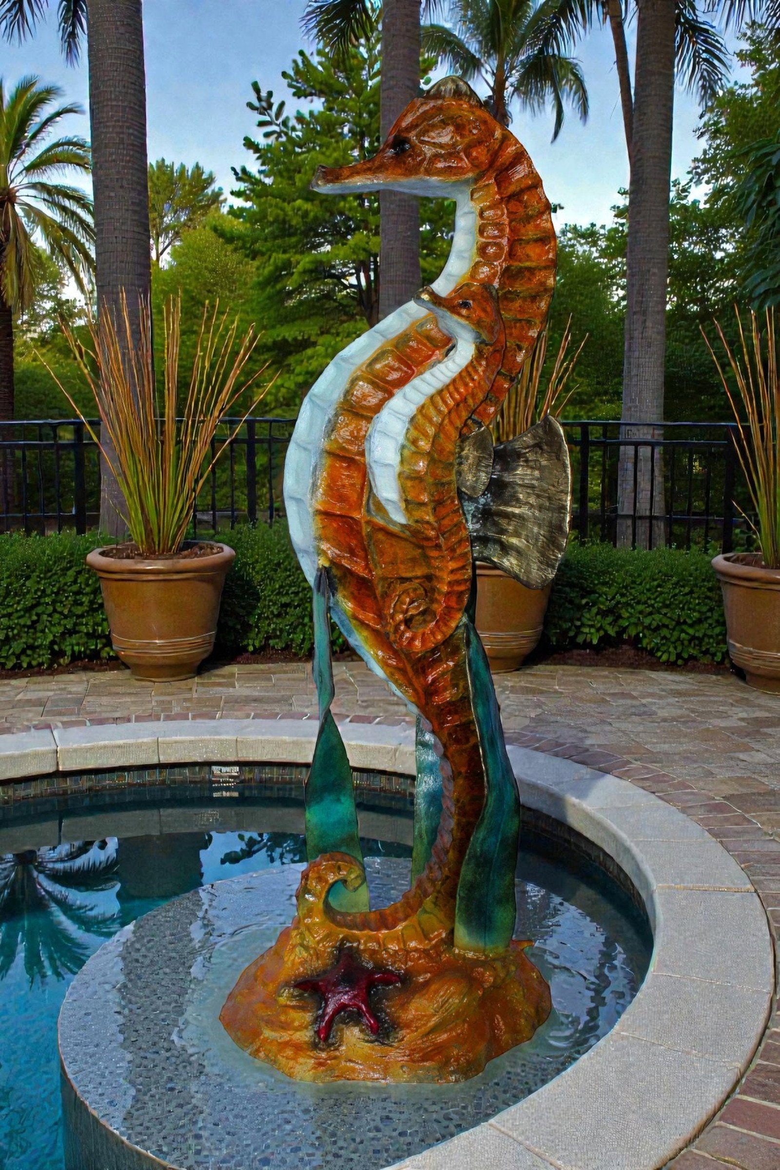 Large Bronze Seahorse and Baby Ocean Fountain Sculpture 26" x 22" x 66"H - 2
