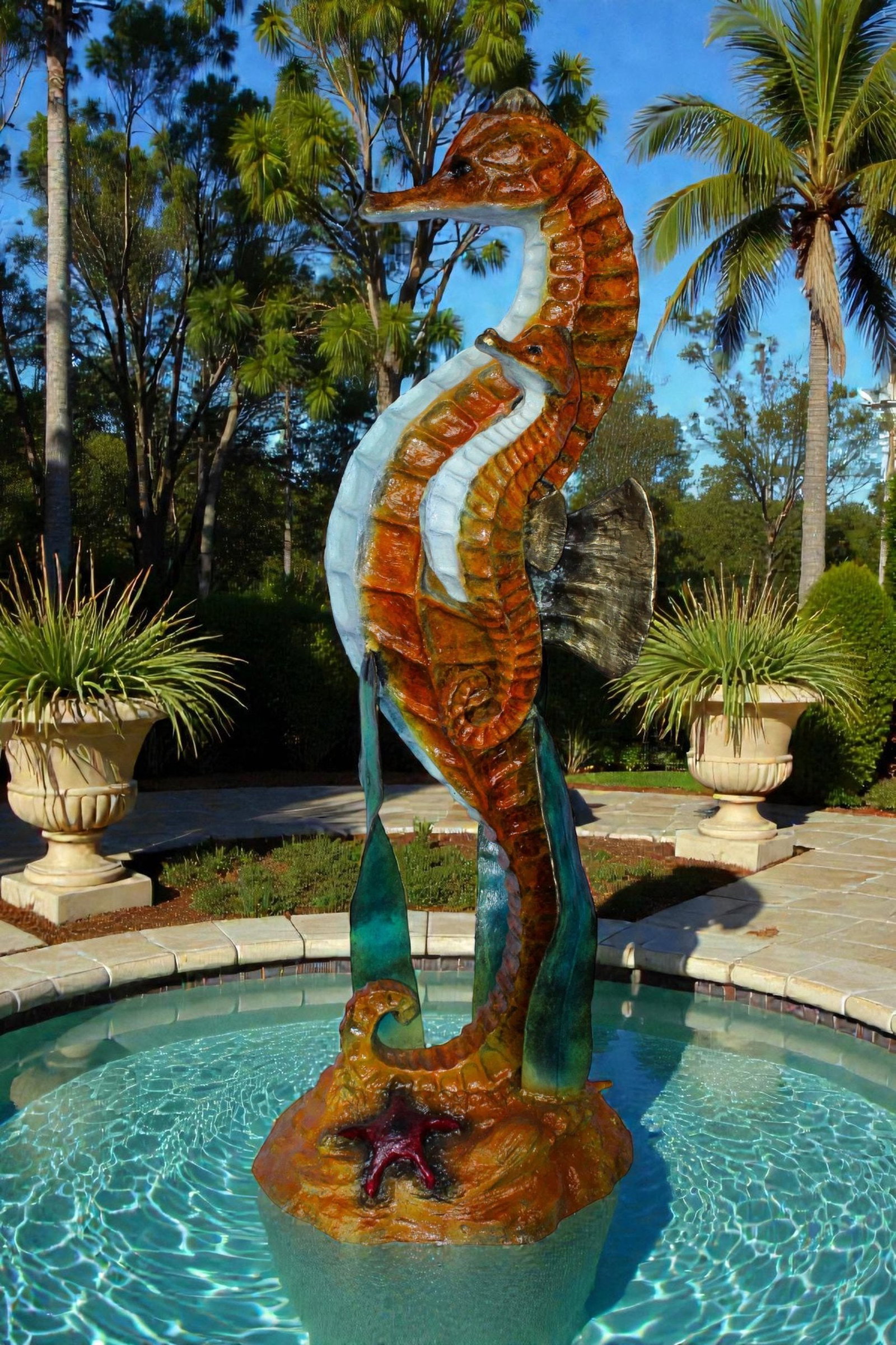 Large Bronze Seahorse and Baby Ocean Fountain Sculpture 26" x 22" x 66"H - 3