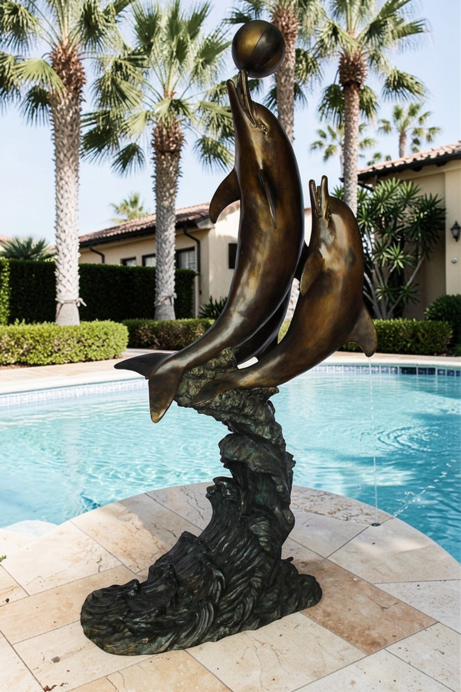 Three Dolphins Performing with Beach Ball Giant Bronze Fountain 41" x 27" x 91"H - 2