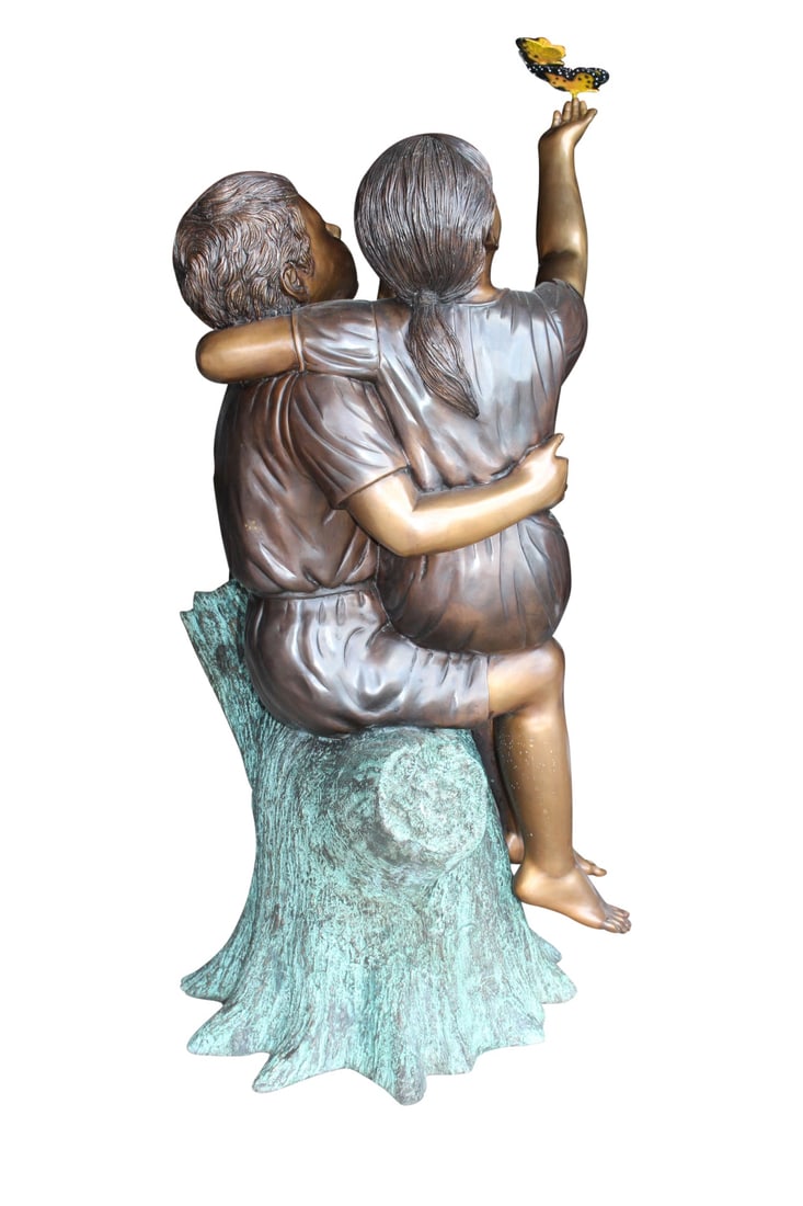 Two Kids Playing with Butterflies Bronze Statue - Size: 30"L x 30"W x 50"H. - 2